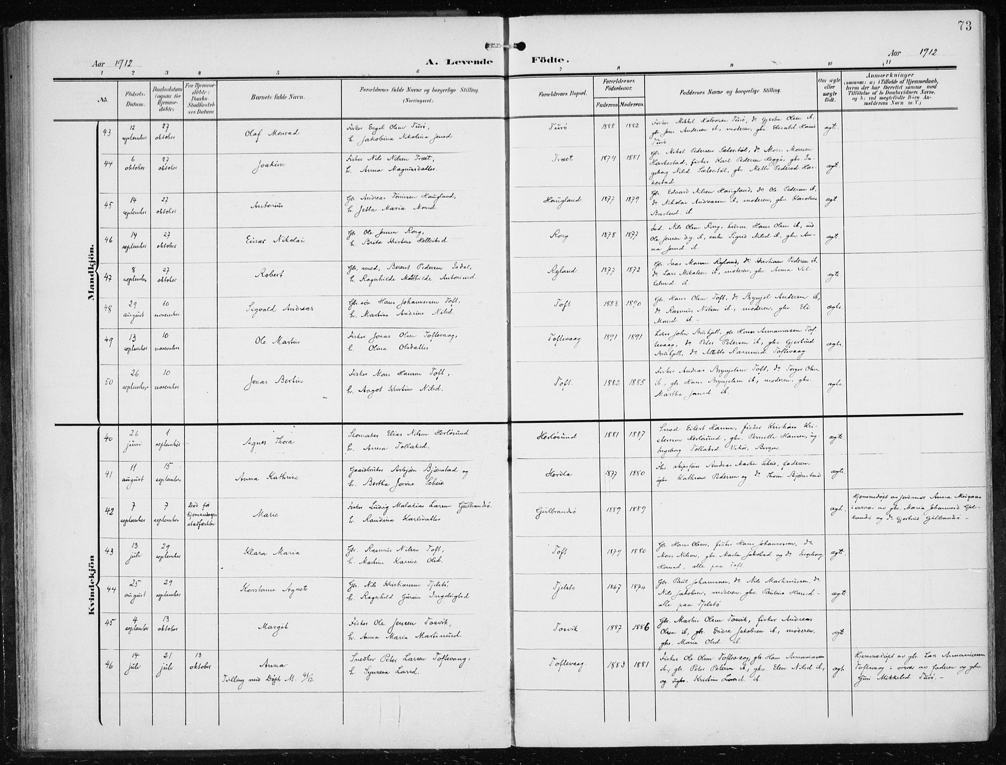 Herdla Sokneprestembete, SAB/A-75701/H/Haa: Parish register (official) no. A 5, 1905-1918, p. 73