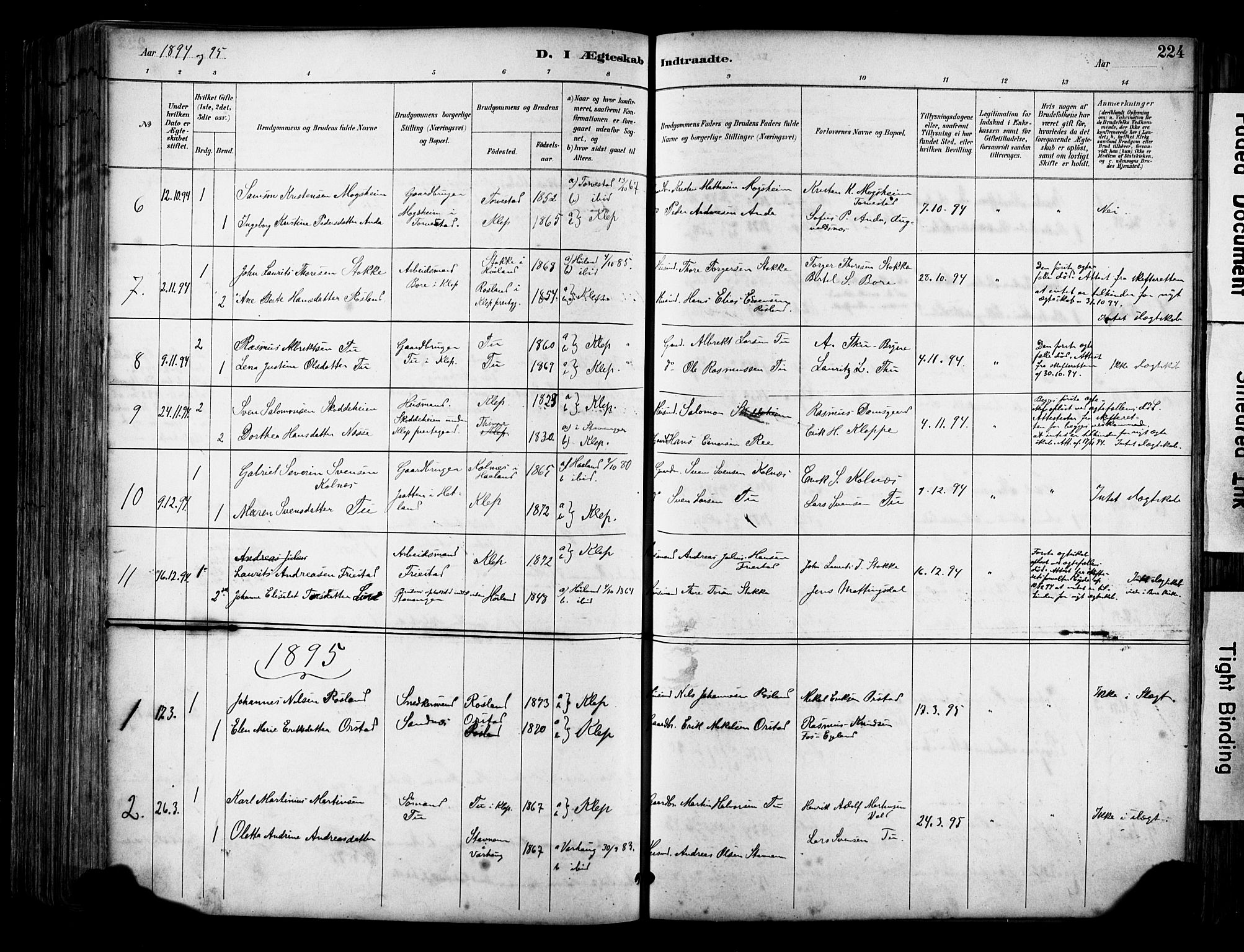 Klepp sokneprestkontor, SAST/A-101803/001/3/30BA/L0009: Parish register (official) no. A 7, 1886-1915, p. 224