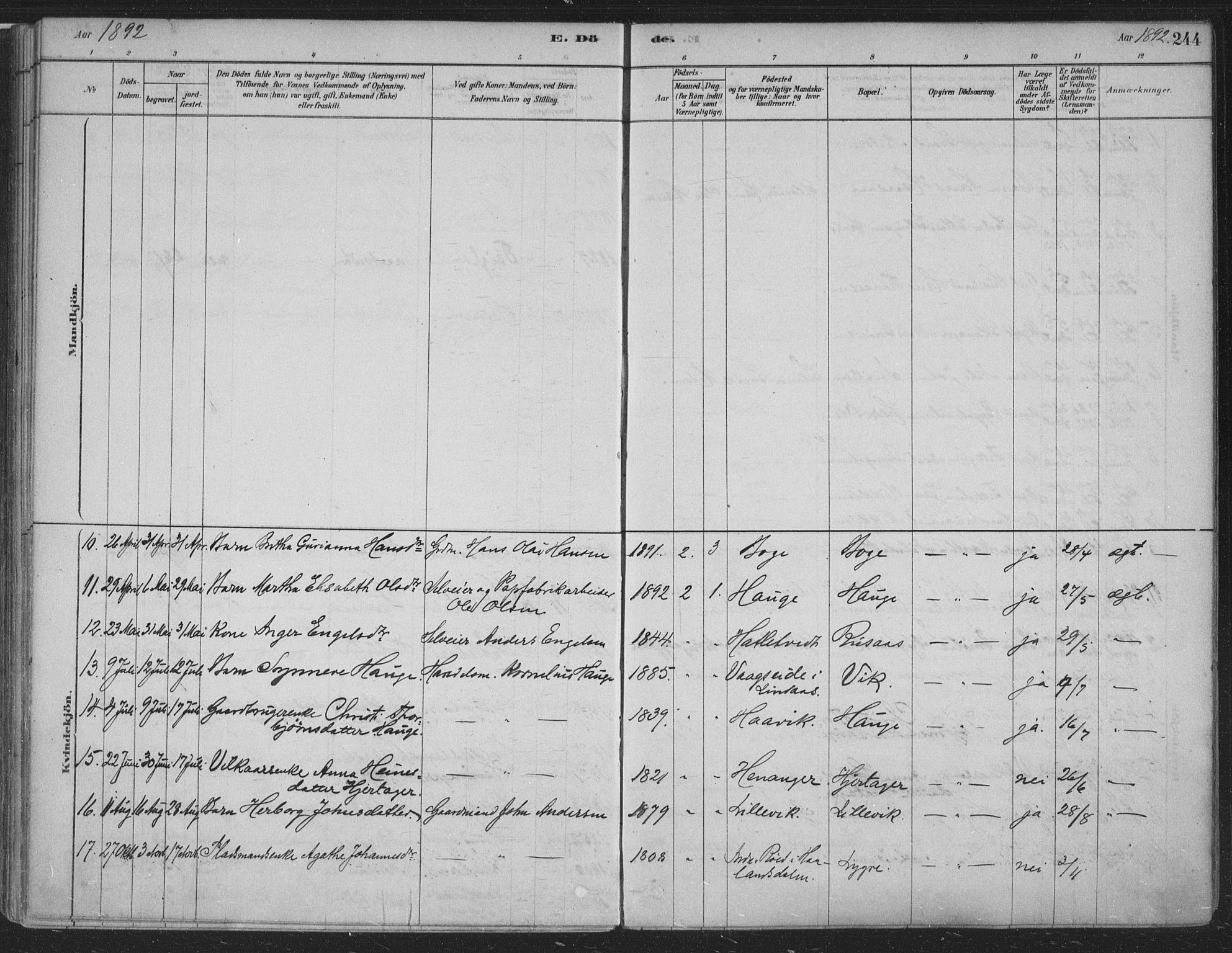 Fusa sokneprestembete, SAB/A-75401/H/Haa: Parish register (official) no. D 1, 1880-1938, p. 244