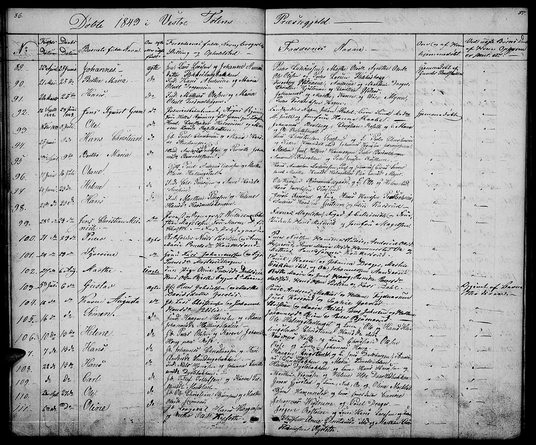 Vestre Toten prestekontor, AV/SAH-PREST-108/H/Ha/Hab/L0002: Parish register (copy) no. 2, 1836-1848, p. 86-87