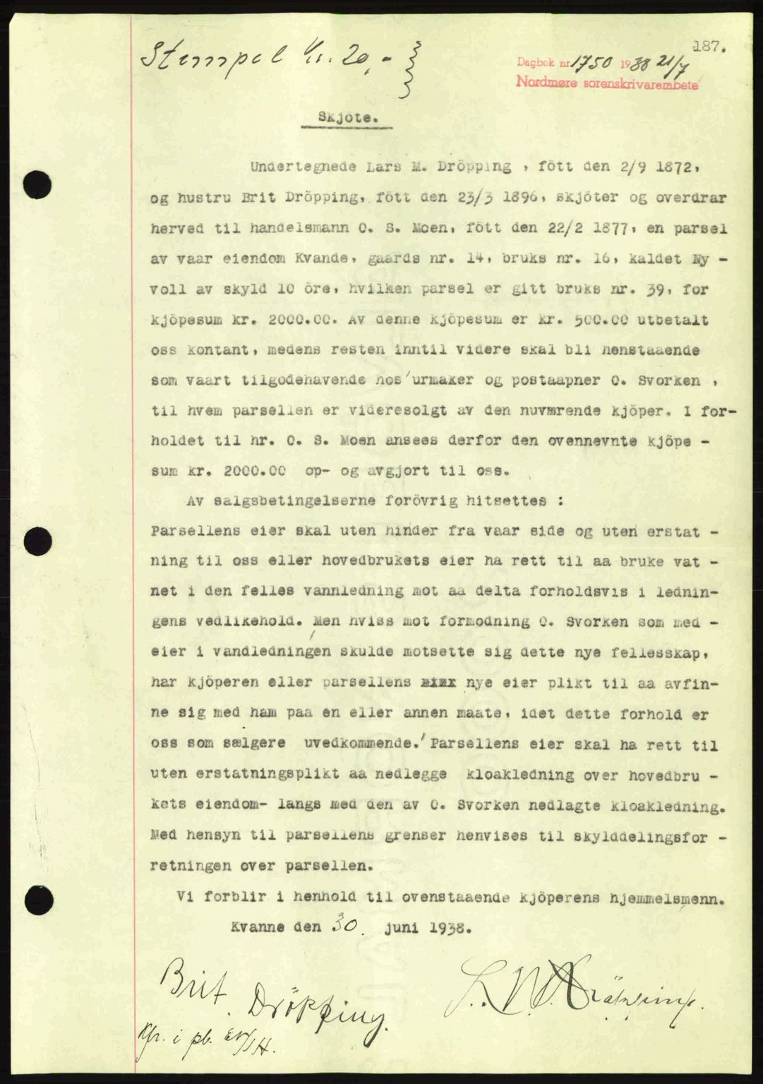 Nordmøre sorenskriveri, AV/SAT-A-4132/1/2/2Ca: Mortgage book no. A84, 1938-1938, Diary no: : 1750/1938