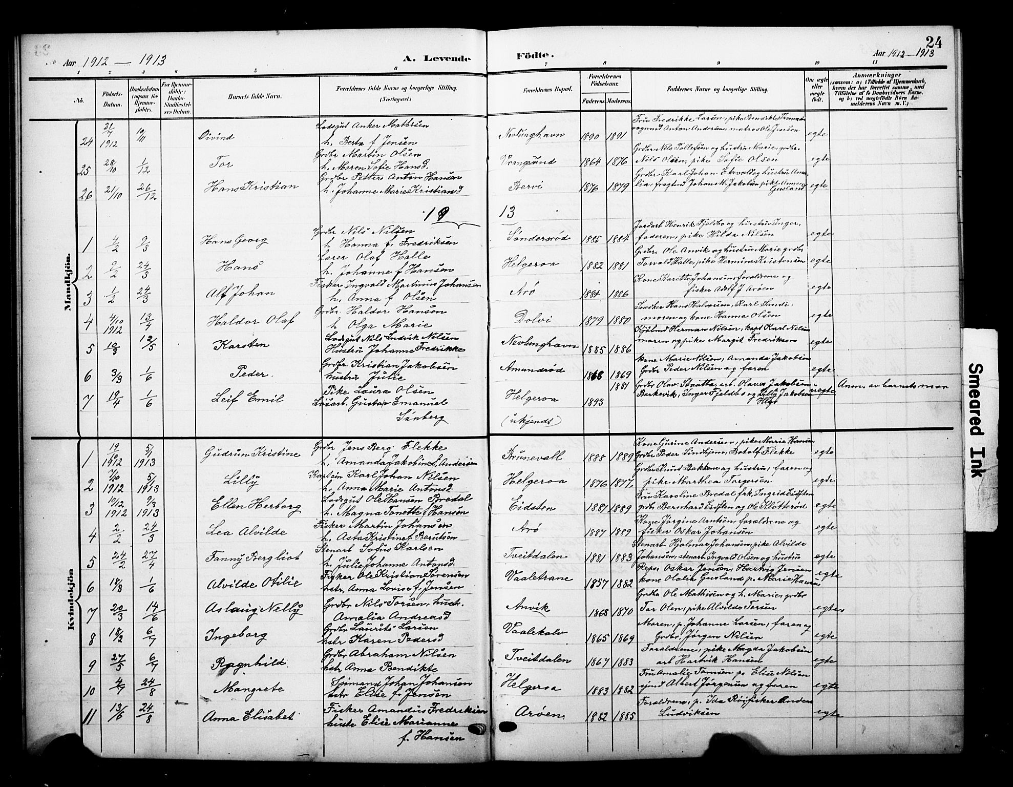 Brunlanes kirkebøker, AV/SAKO-A-342/G/Gb/L0003: Parish register (copy) no. II 3, 1903-1928, p. 24