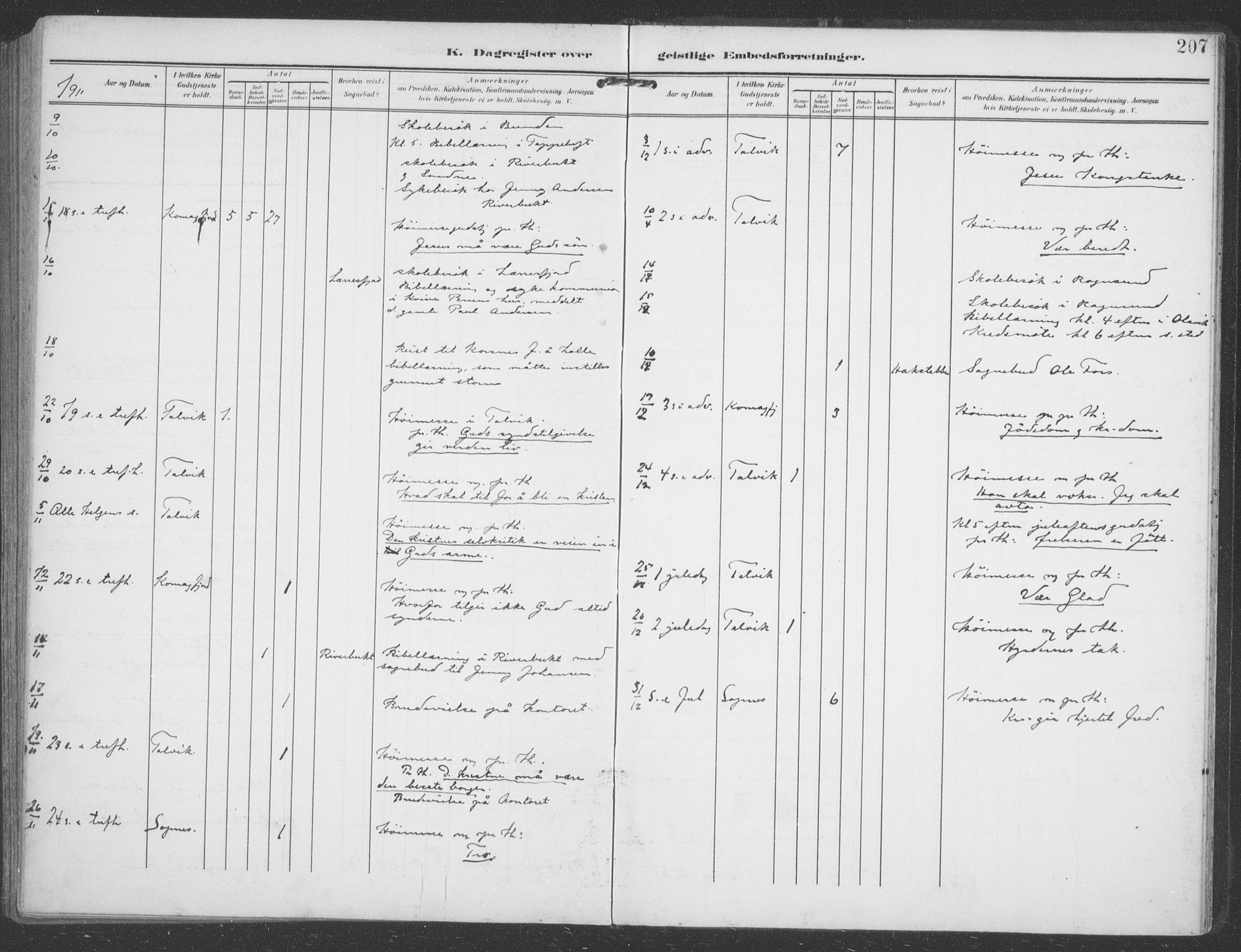 Talvik sokneprestkontor, SATØ/S-1337/H/Ha/L0017kirke: Parish register (official) no. 17, 1906-1915, p. 207