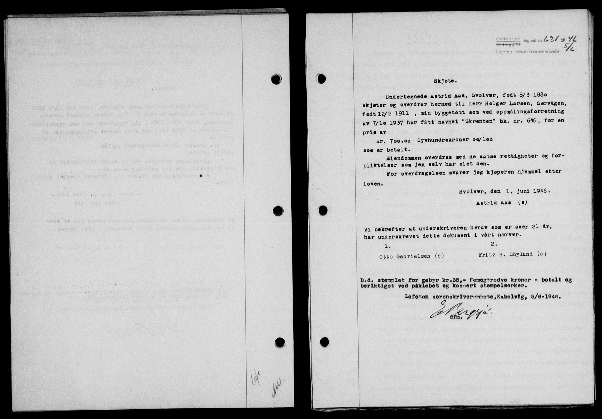 Lofoten sorenskriveri, SAT/A-0017/1/2/2C/L0014a: Mortgage book no. 14a, 1946-1946, Diary no: : 631/1946