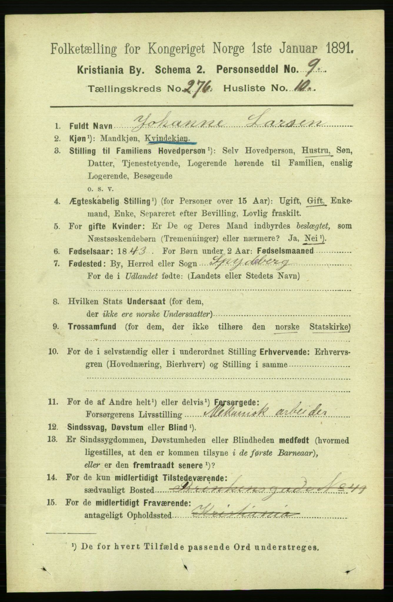 RA, 1891 census for 0301 Kristiania, 1891, p. 167612