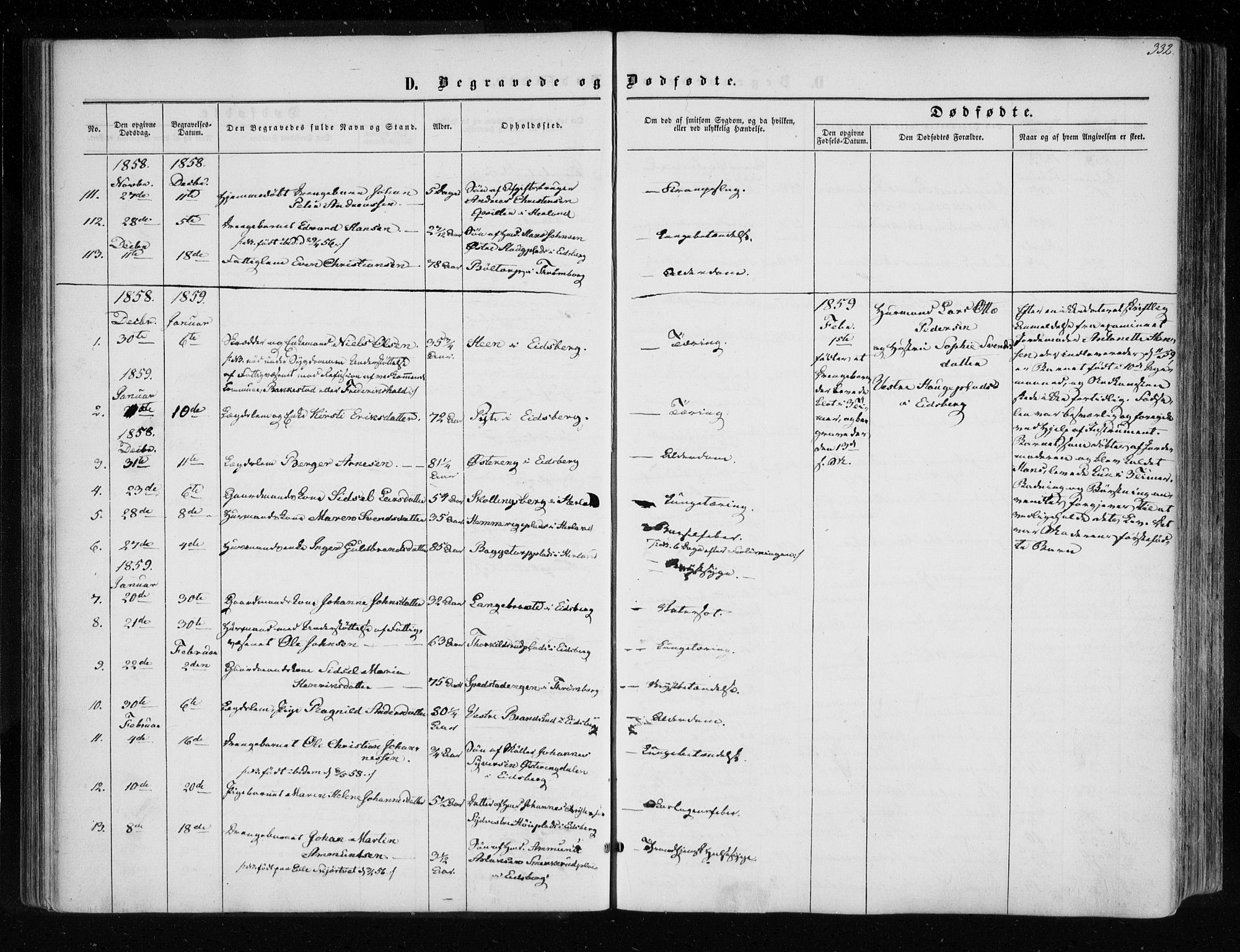 Eidsberg prestekontor Kirkebøker, SAO/A-10905/F/Fa/L0010.b: Parish register (official) no. I 10B, 1857-1866, p. 332