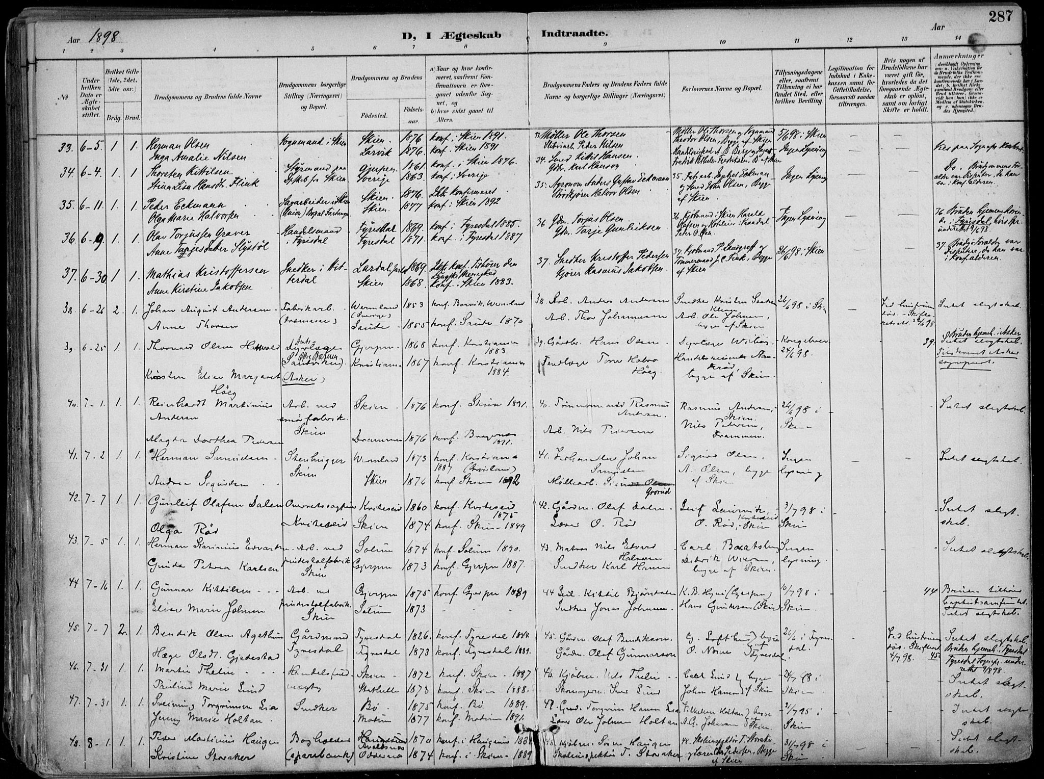 Skien kirkebøker, SAKO/A-302/F/Fa/L0010: Parish register (official) no. 10, 1891-1899, p. 287