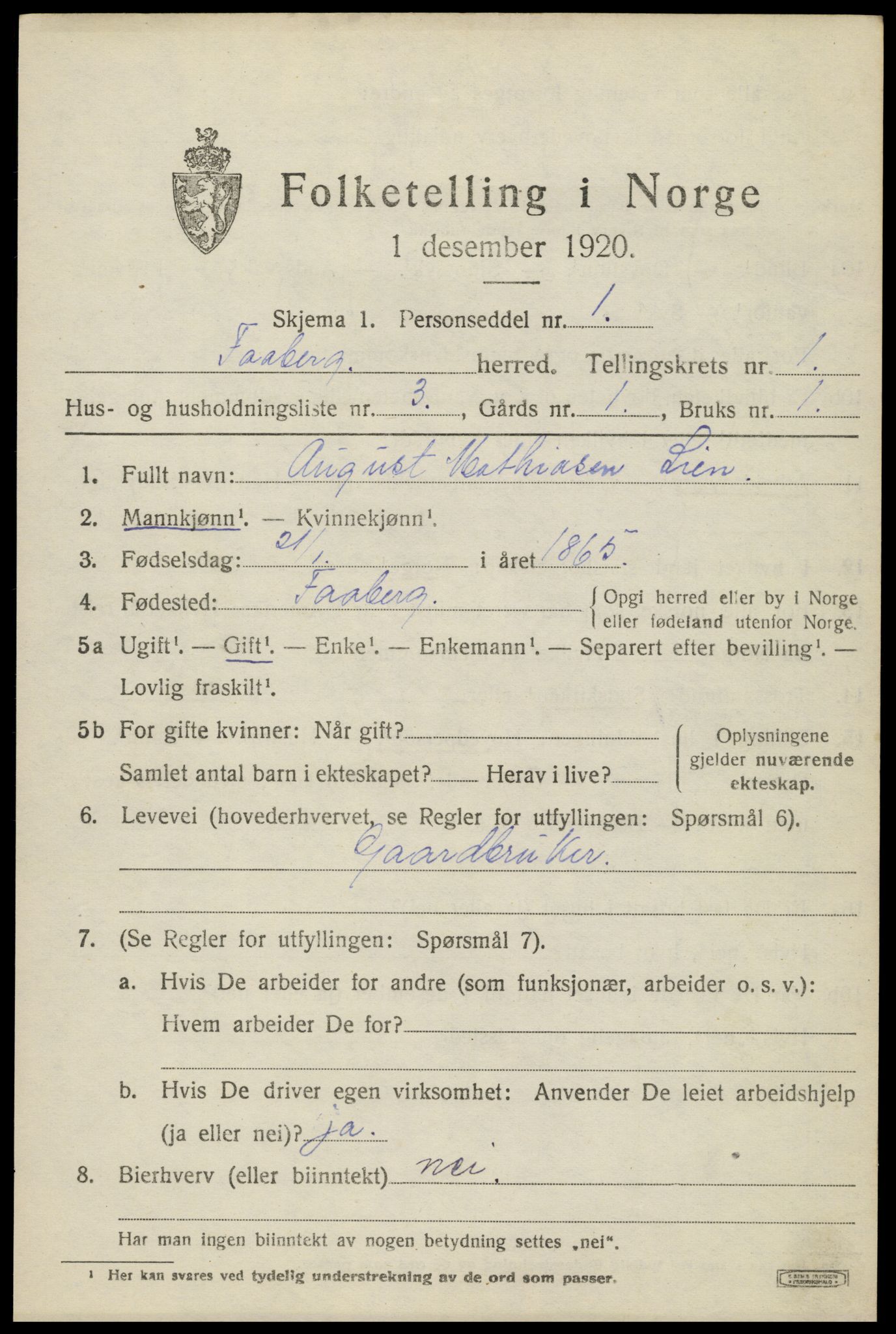 SAH, 1920 census for Fåberg, 1920, p. 2256