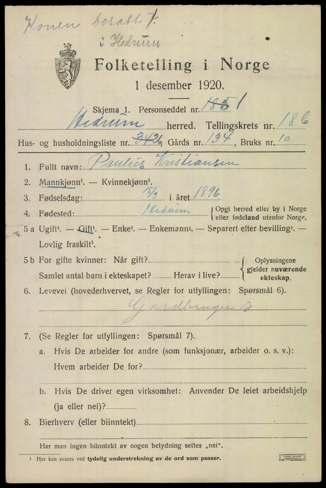 SAKO, 1920 census for Hedrum, 1920, p. 11295