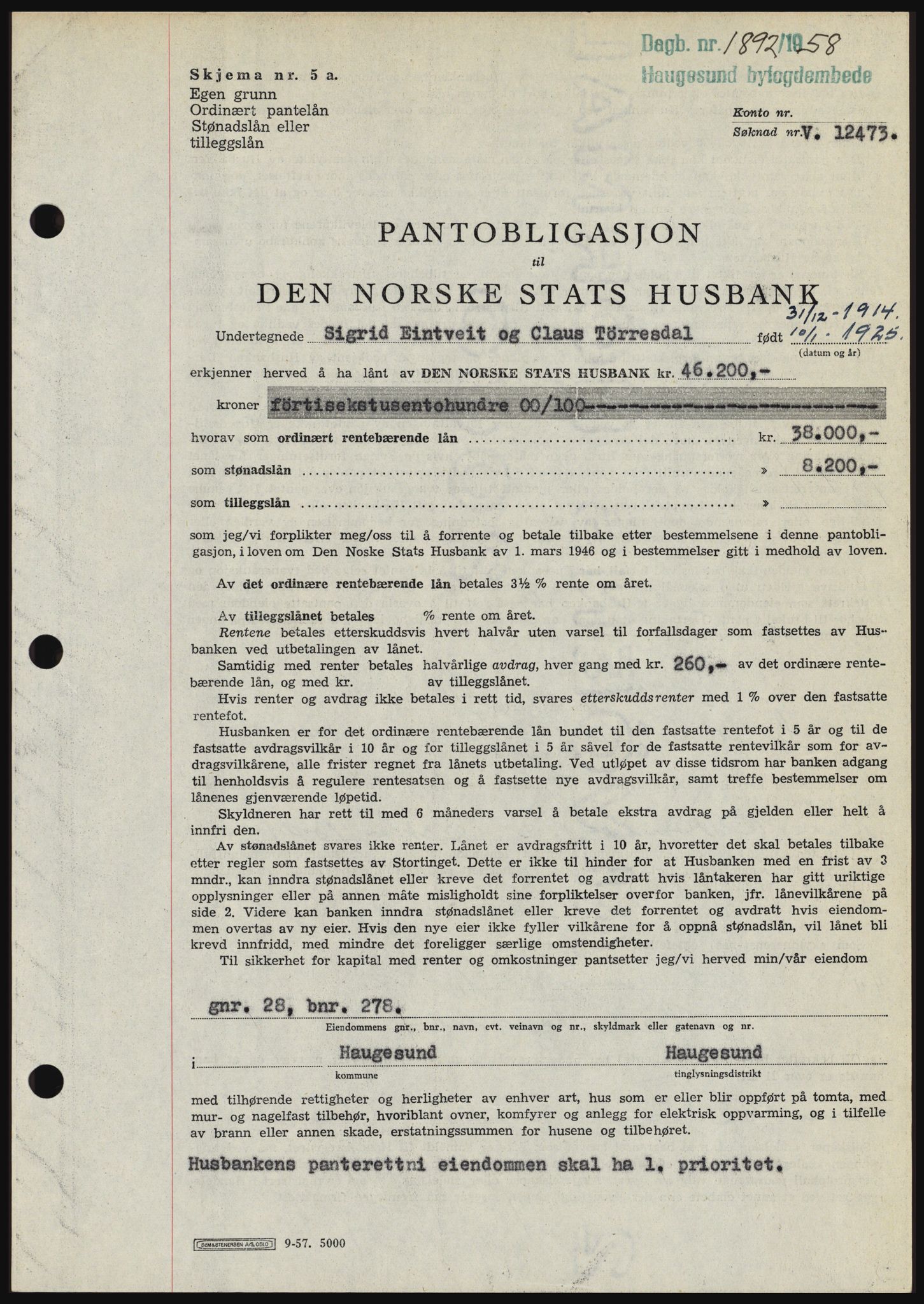 Haugesund tingrett, SAST/A-101415/01/II/IIC/L0044: Mortgage book no. B 44, 1958-1959, Diary no: : 1892/1958