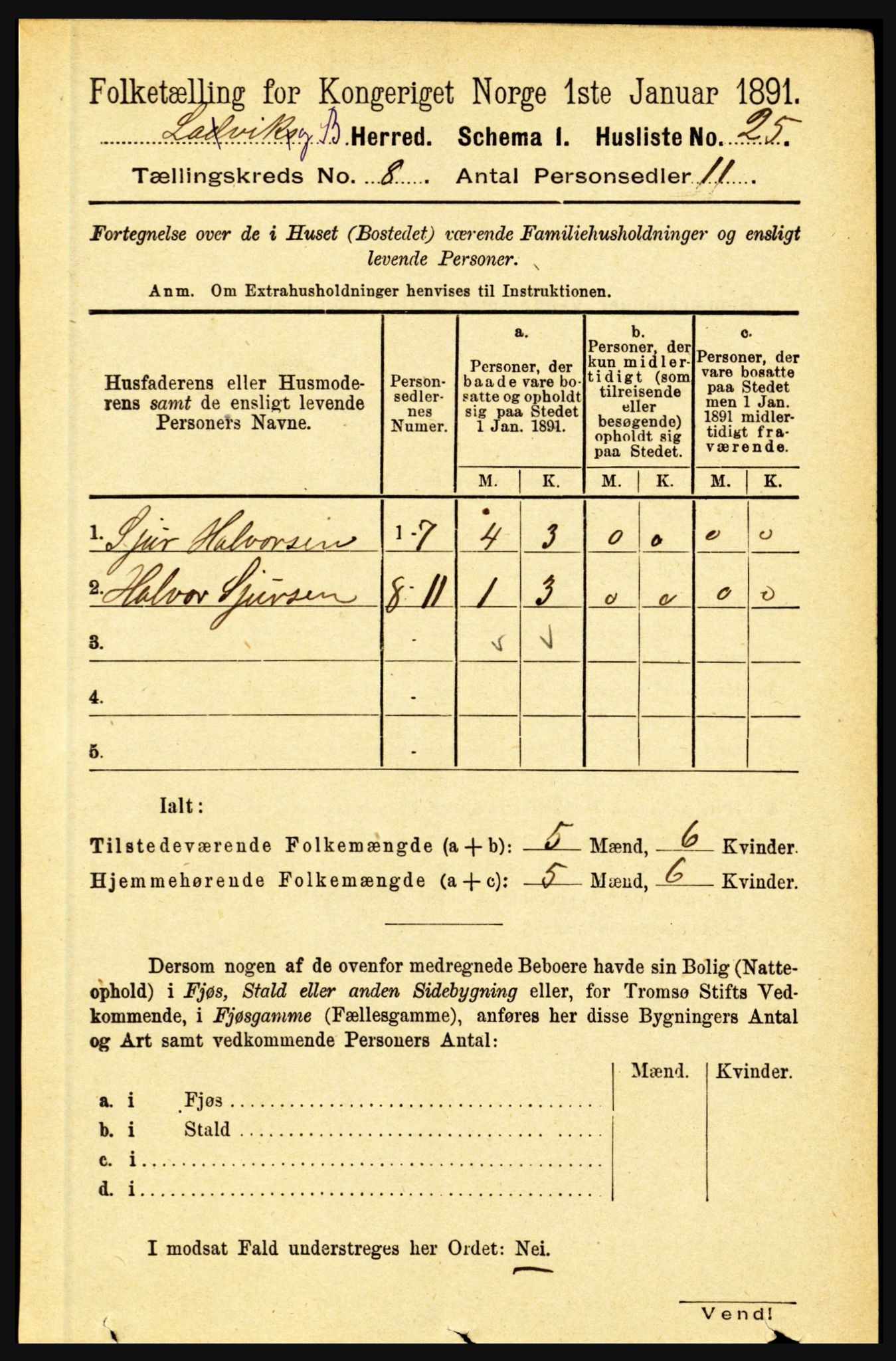 RA, 1891 census for 1415 Lavik og Brekke, 1891, p. 1487