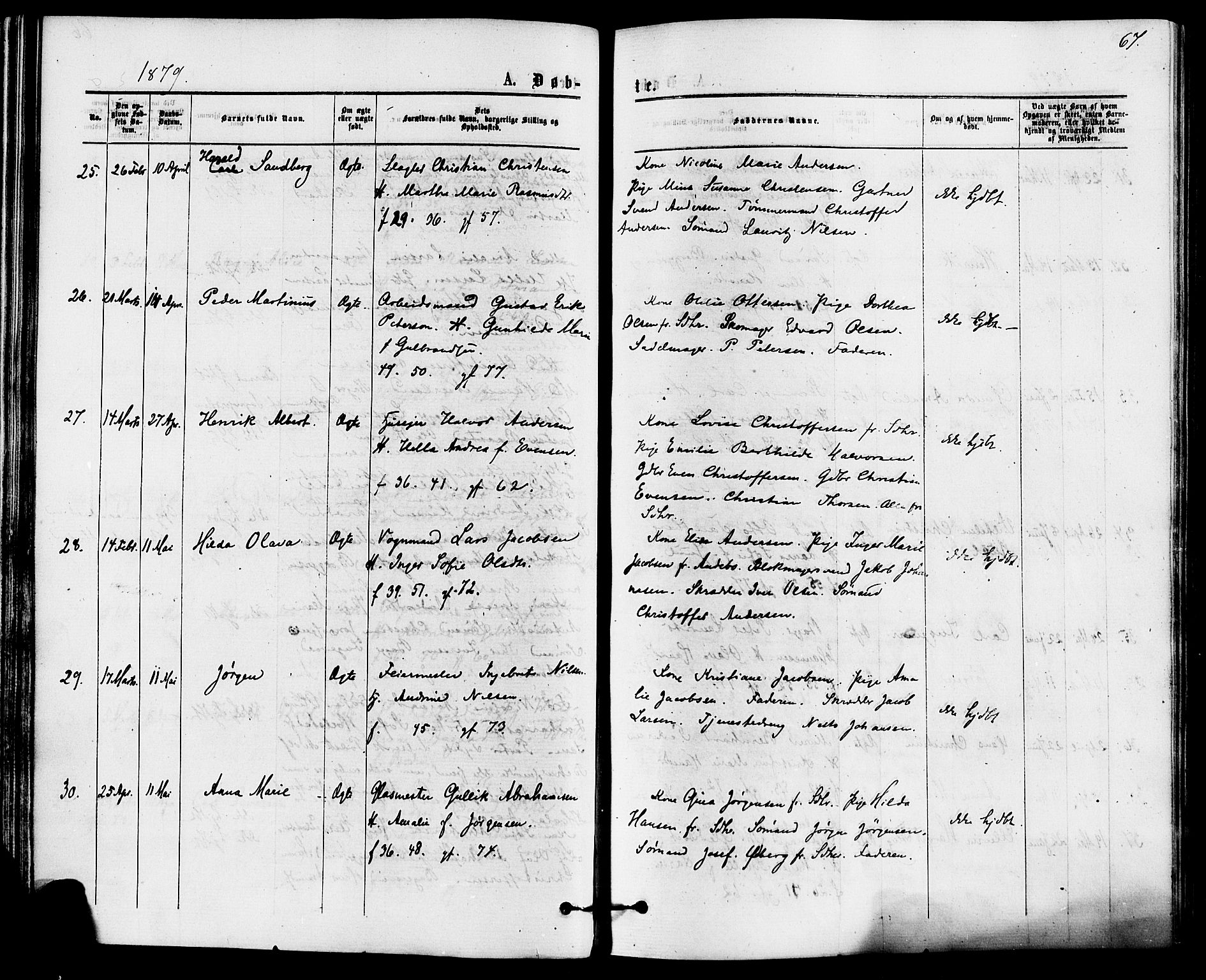 Sandefjord kirkebøker, AV/SAKO-A-315/F/Fa/L0001: Parish register (official) no. 1, 1873-1879, p. 67