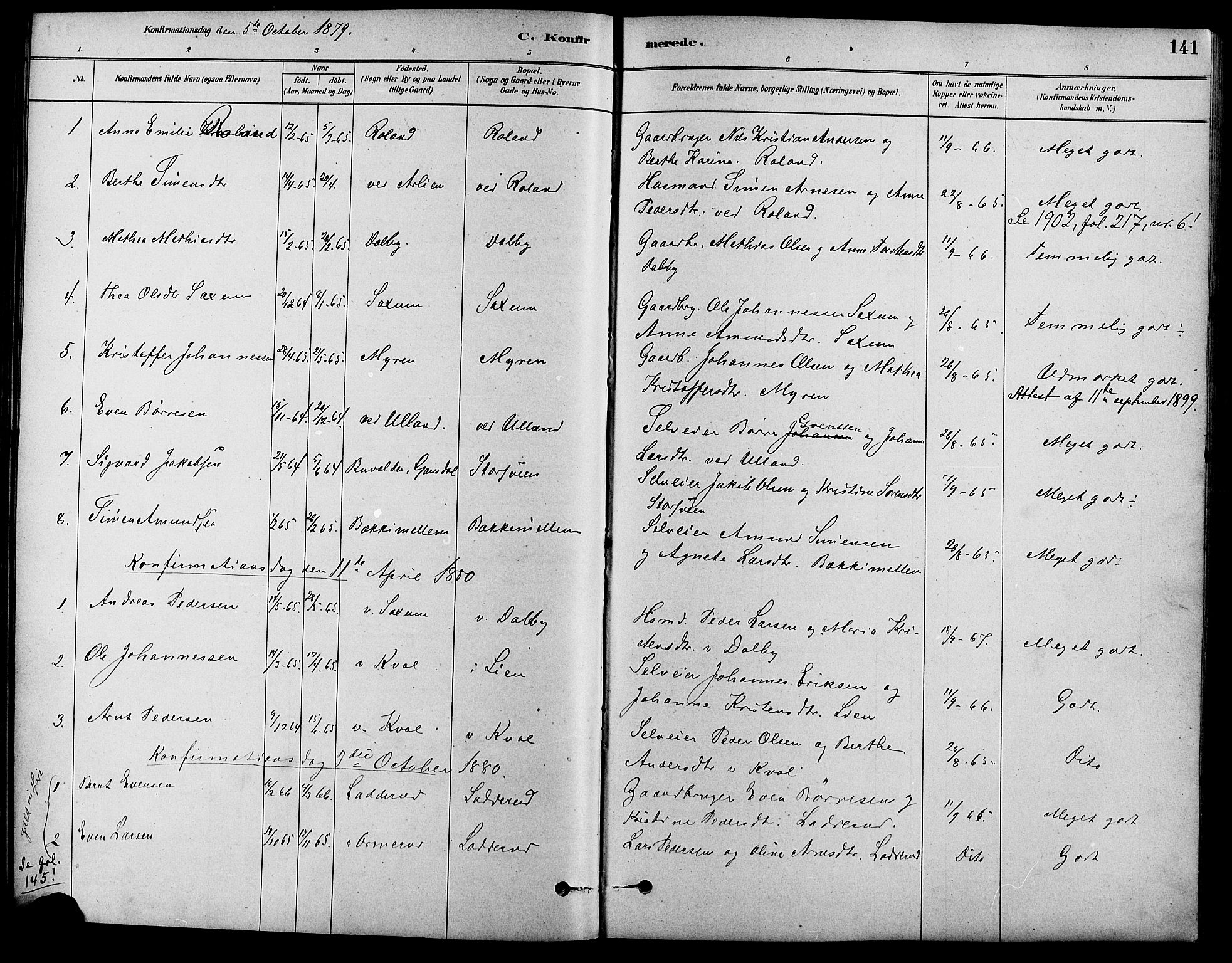 Fåberg prestekontor, SAH/PREST-086/H/Ha/Haa/L0008: Parish register (official) no. 8, 1879-1898, p. 141