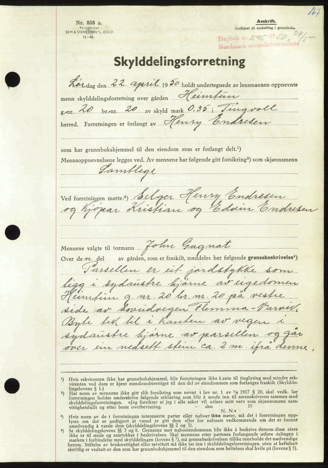 Nordmøre sorenskriveri, AV/SAT-A-4132/1/2/2Ca: Mortgage book no. A115, 1950-1950, Diary no: : 1595/1950