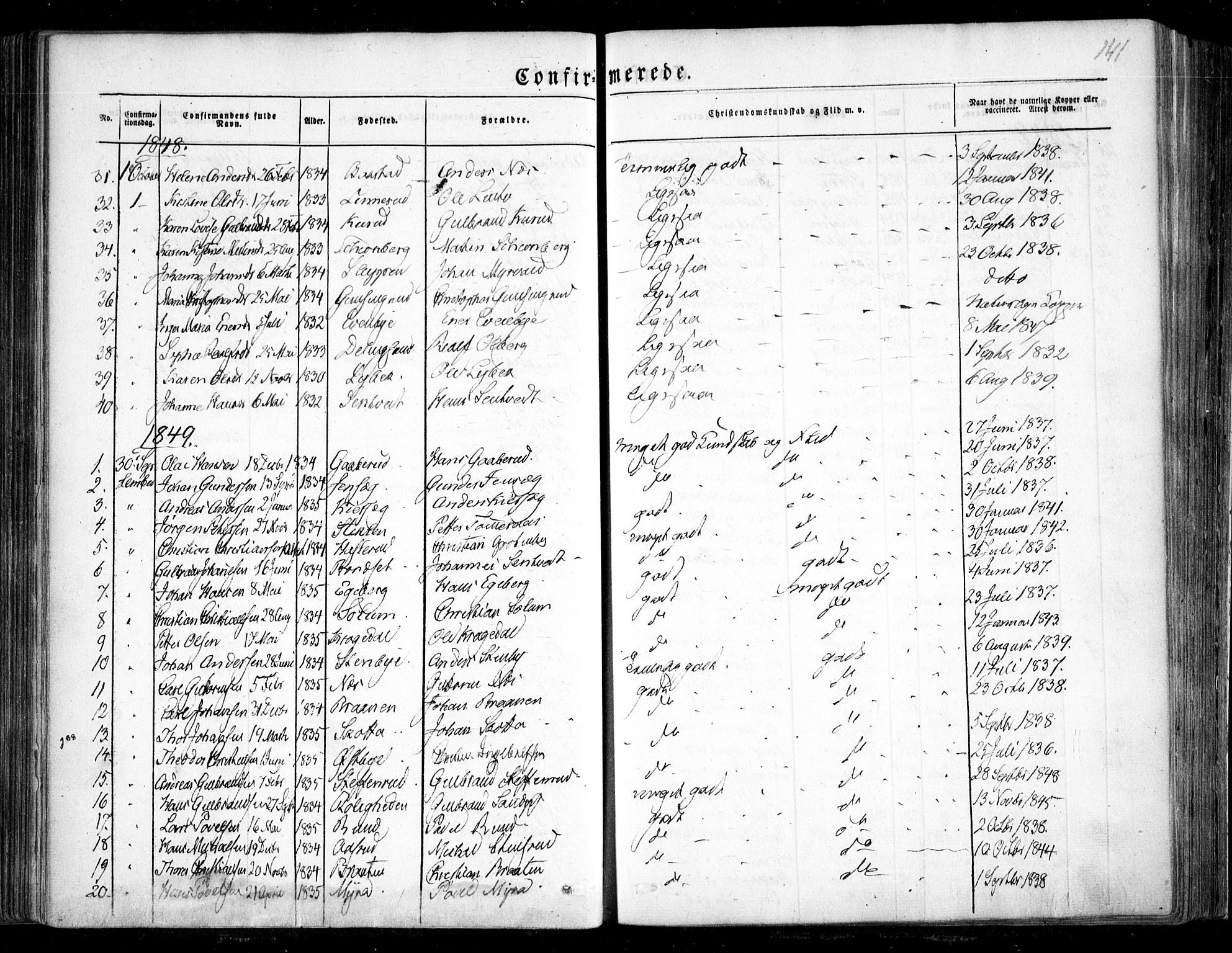 Trøgstad prestekontor Kirkebøker, SAO/A-10925/F/Fa/L0007: Parish register (official) no. I 7, 1845-1854, p. 141
