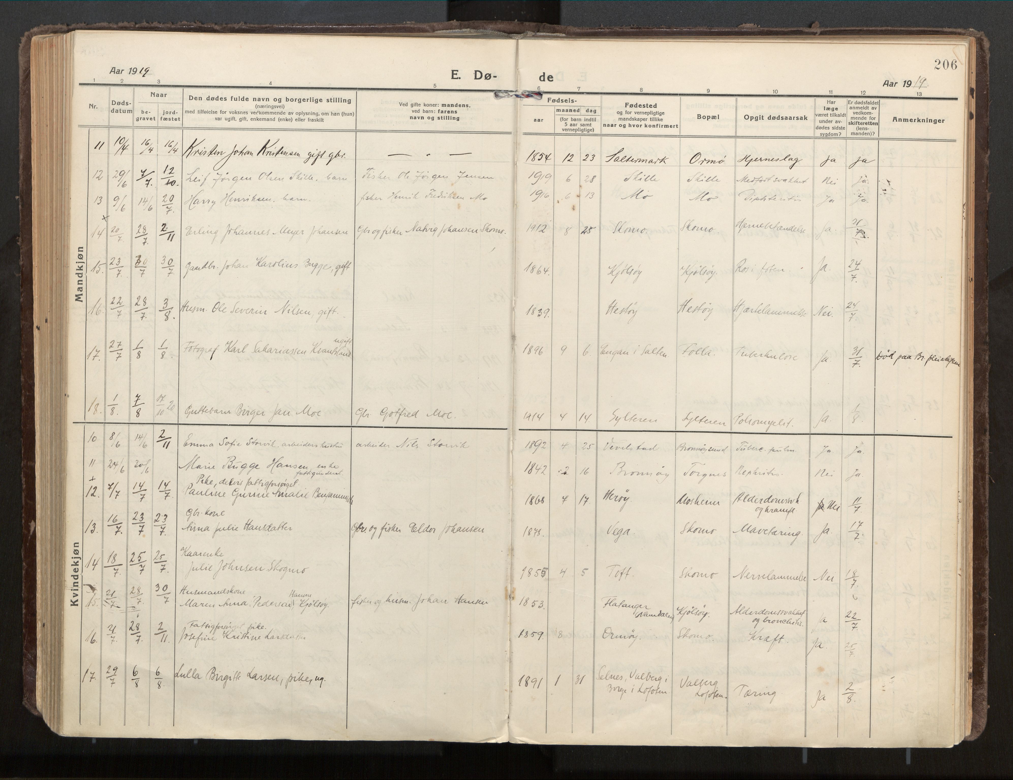 Ministerialprotokoller, klokkerbøker og fødselsregistre - Nordland, SAT/A-1459/813/L0207a: Parish register (official) no. 813A18, 1919-1927, p. 206