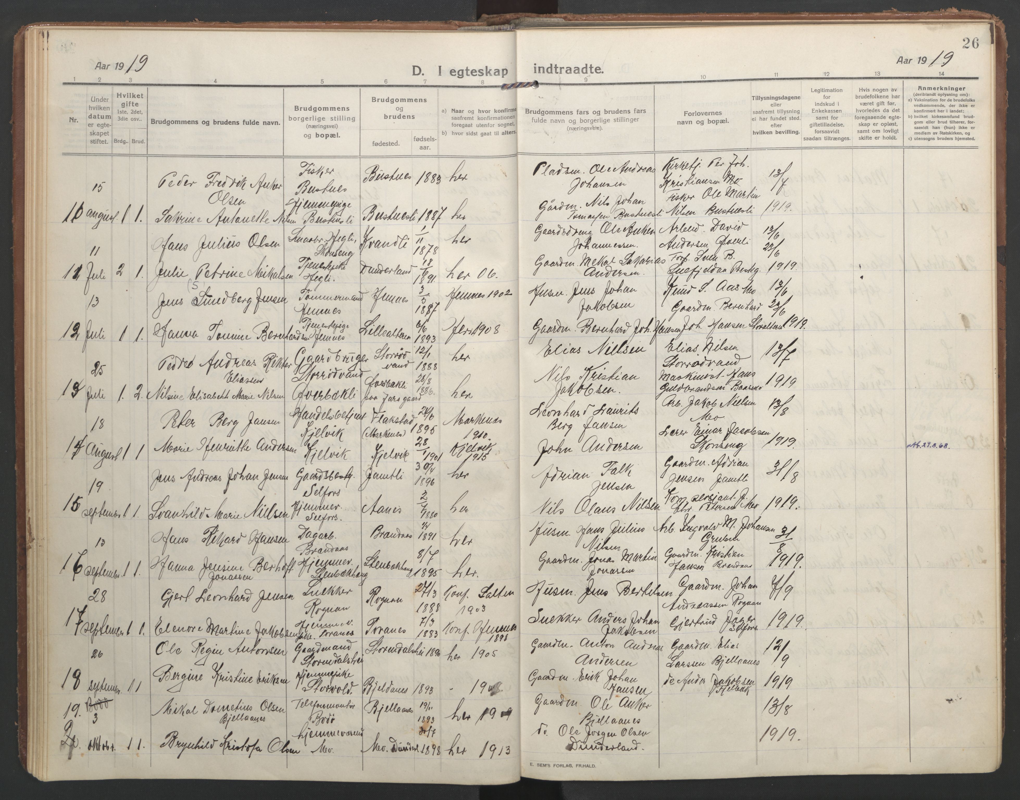 Ministerialprotokoller, klokkerbøker og fødselsregistre - Nordland, SAT/A-1459/827/L0405: Parish register (official) no. 827A17, 1912-1925, p. 26