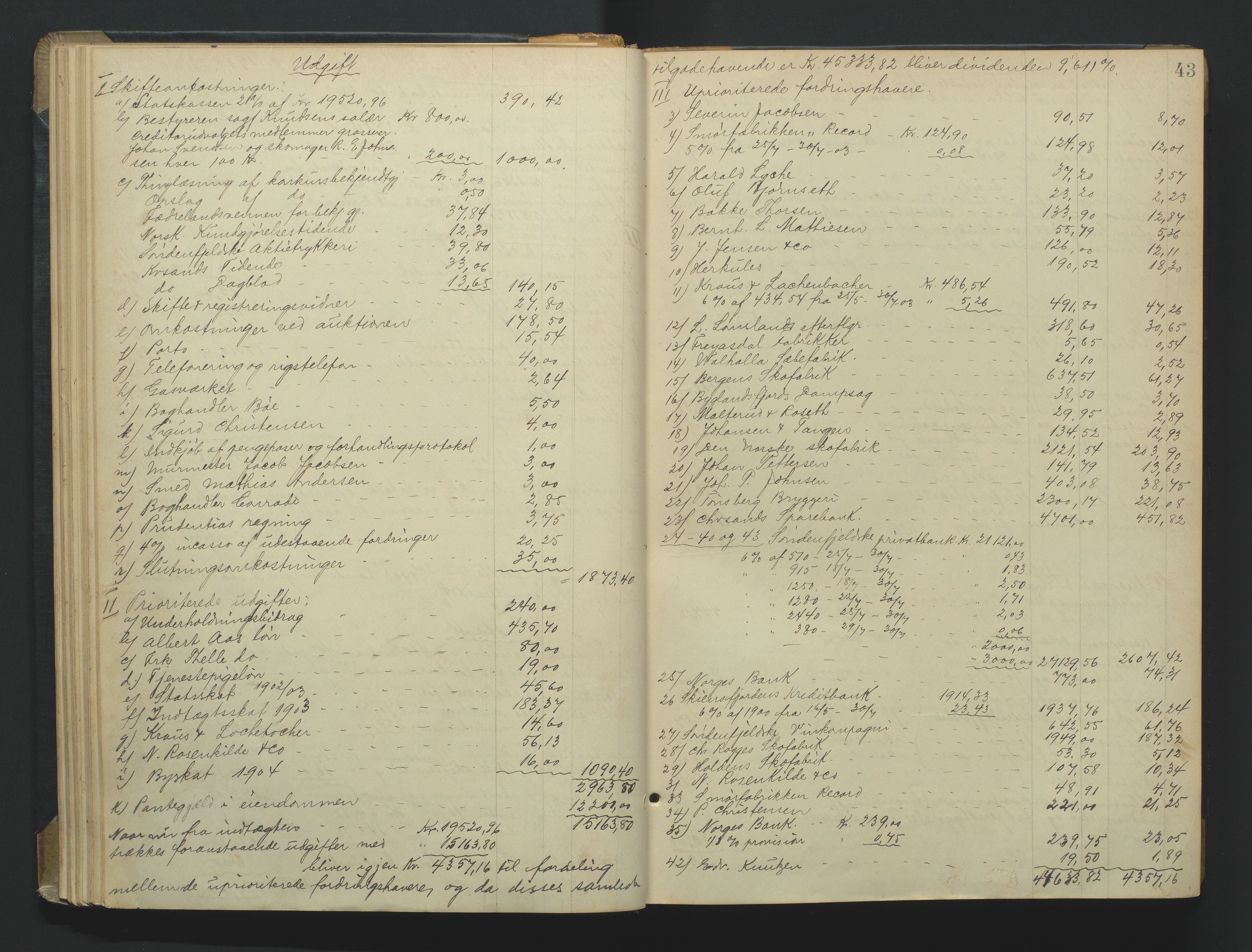 Kristiansand byrett, AV/SAK-1223-0001/H/Hc/L0060: Skifteutlodningsprotokoll nr. 6, med register, 1903-1916, p. 43