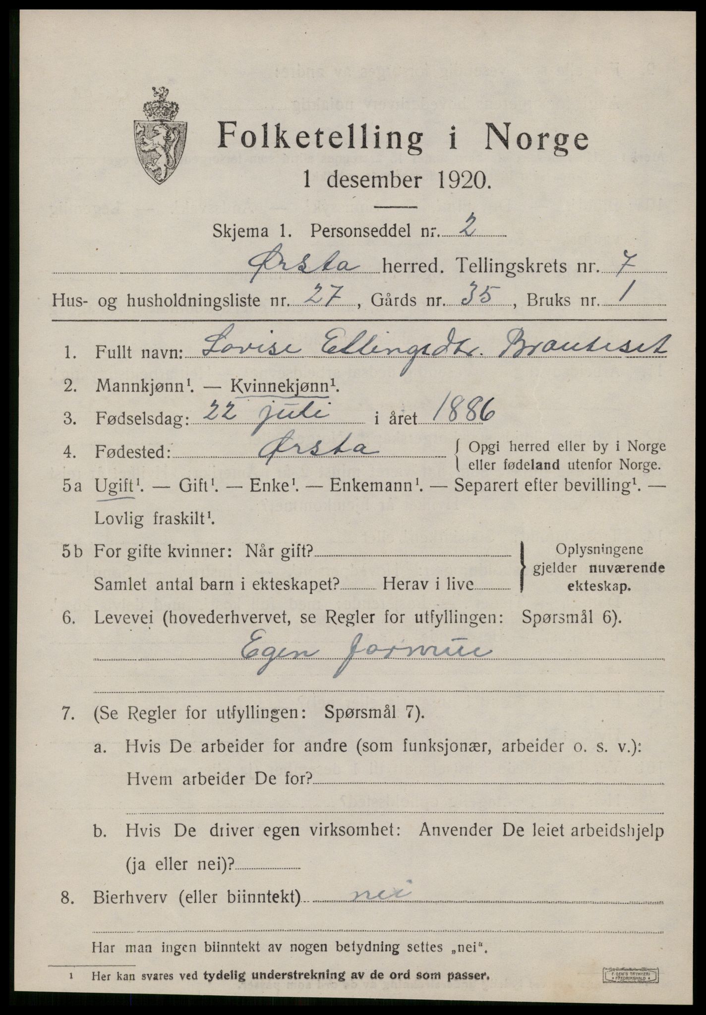 SAT, 1920 census for Ørsta, 1920, p. 5730