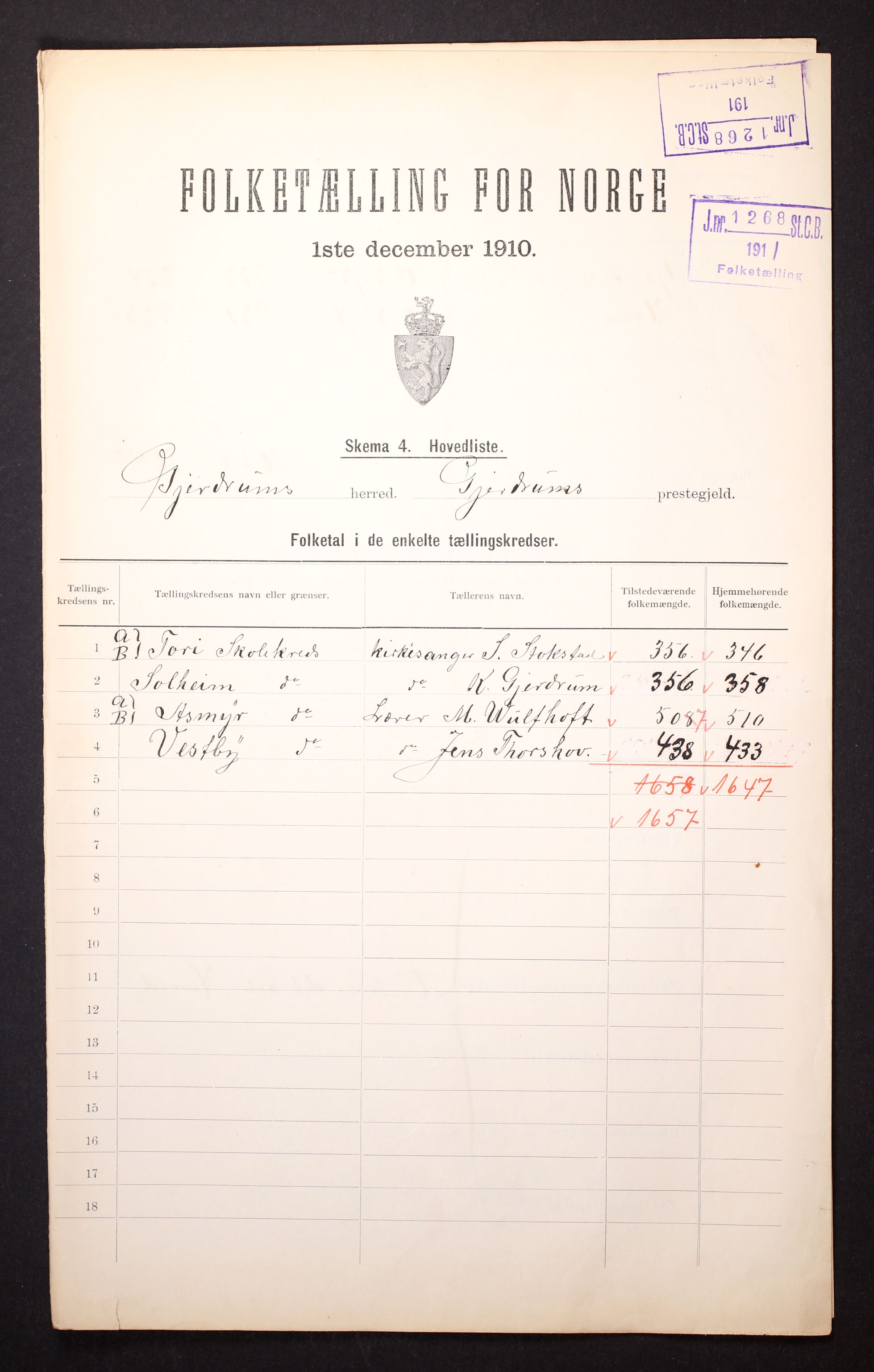 RA, 1910 census for Gjerdrum, 1910, p. 2