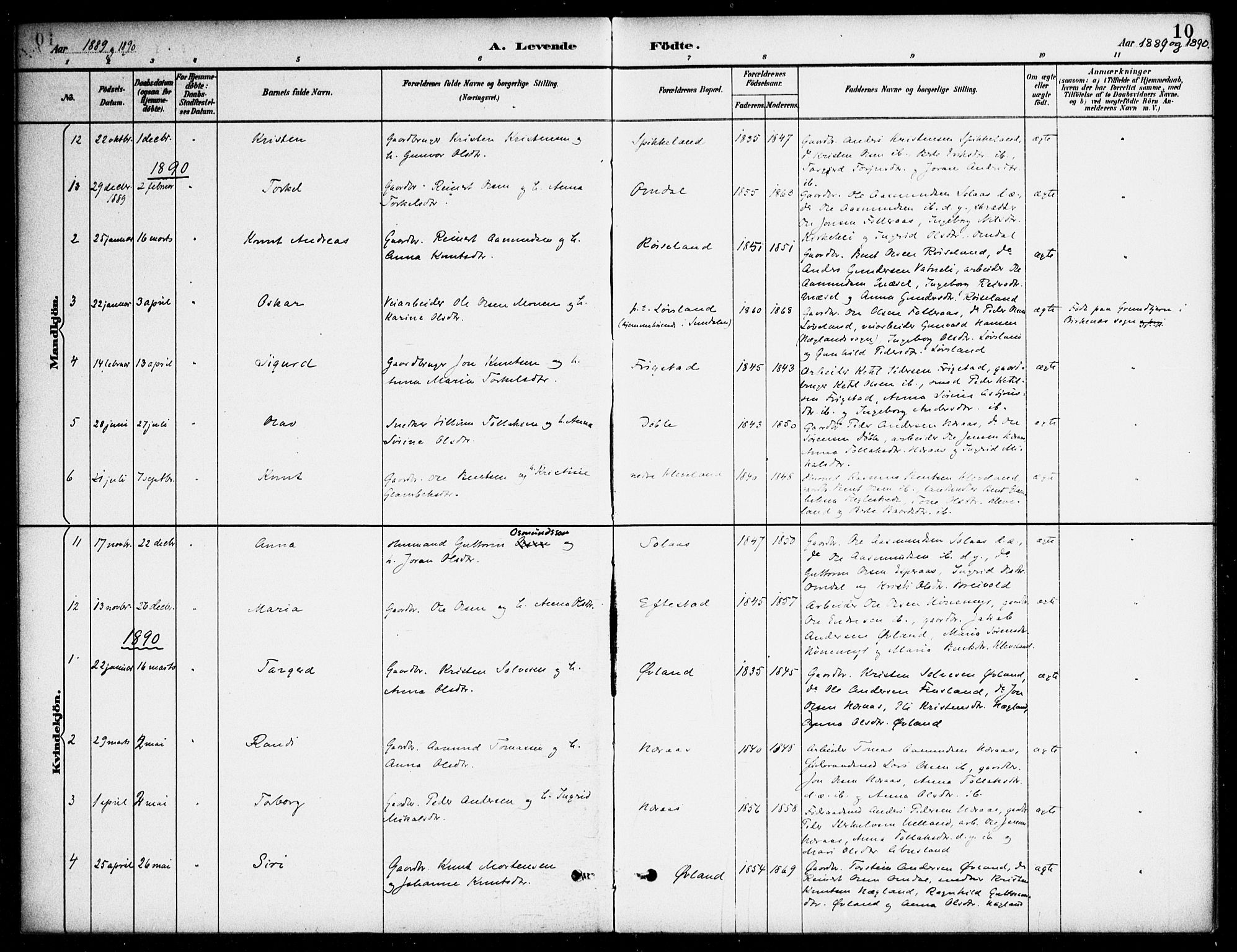 Bjelland sokneprestkontor, SAK/1111-0005/F/Fa/Fab/L0004: Parish register (official) no. A 4, 1887-1920, p. 10
