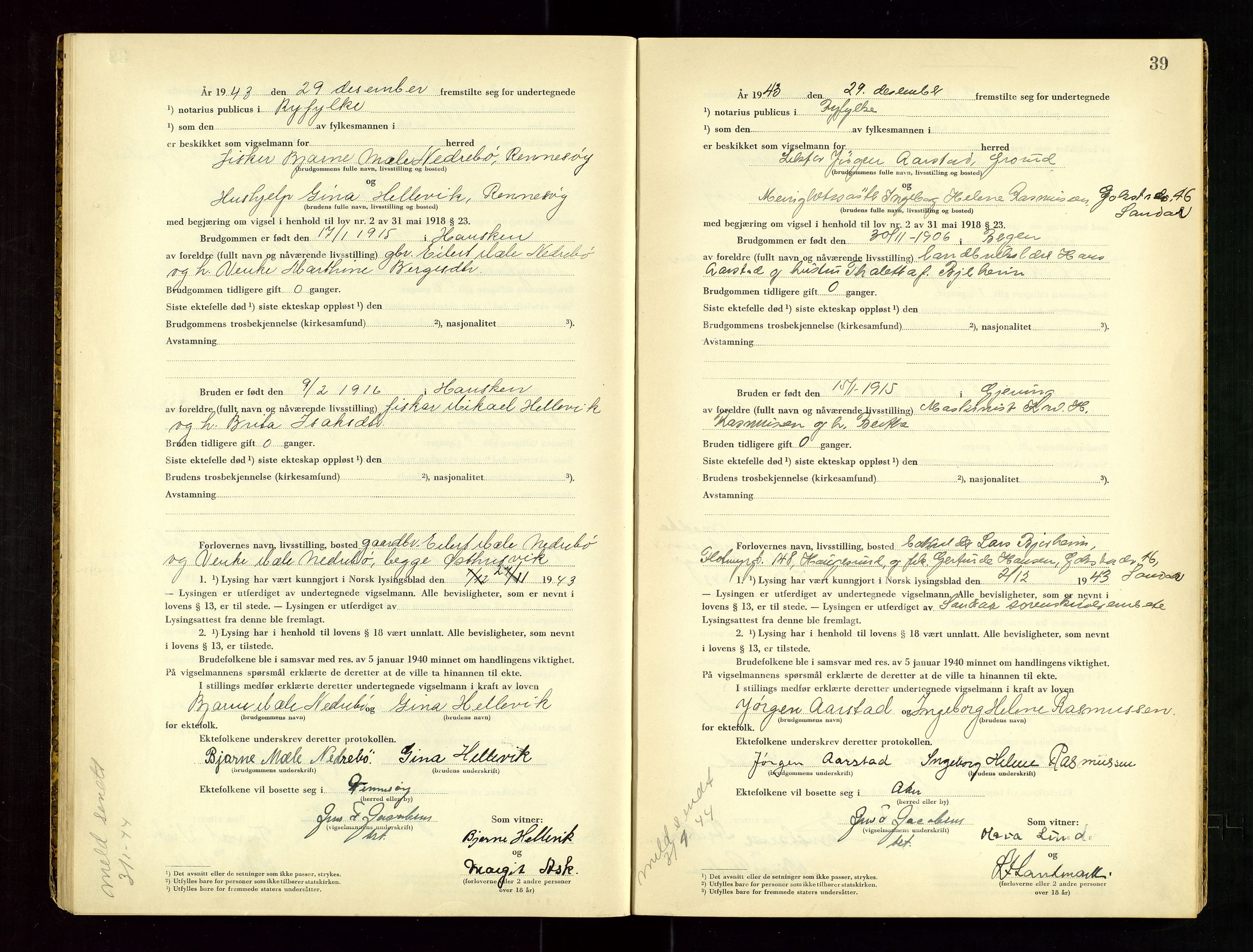 Ryfylke tingrett, AV/SAST-A-100055/001/III/IIIC/L0003: Vigselbok, 1943-1944, p. 39