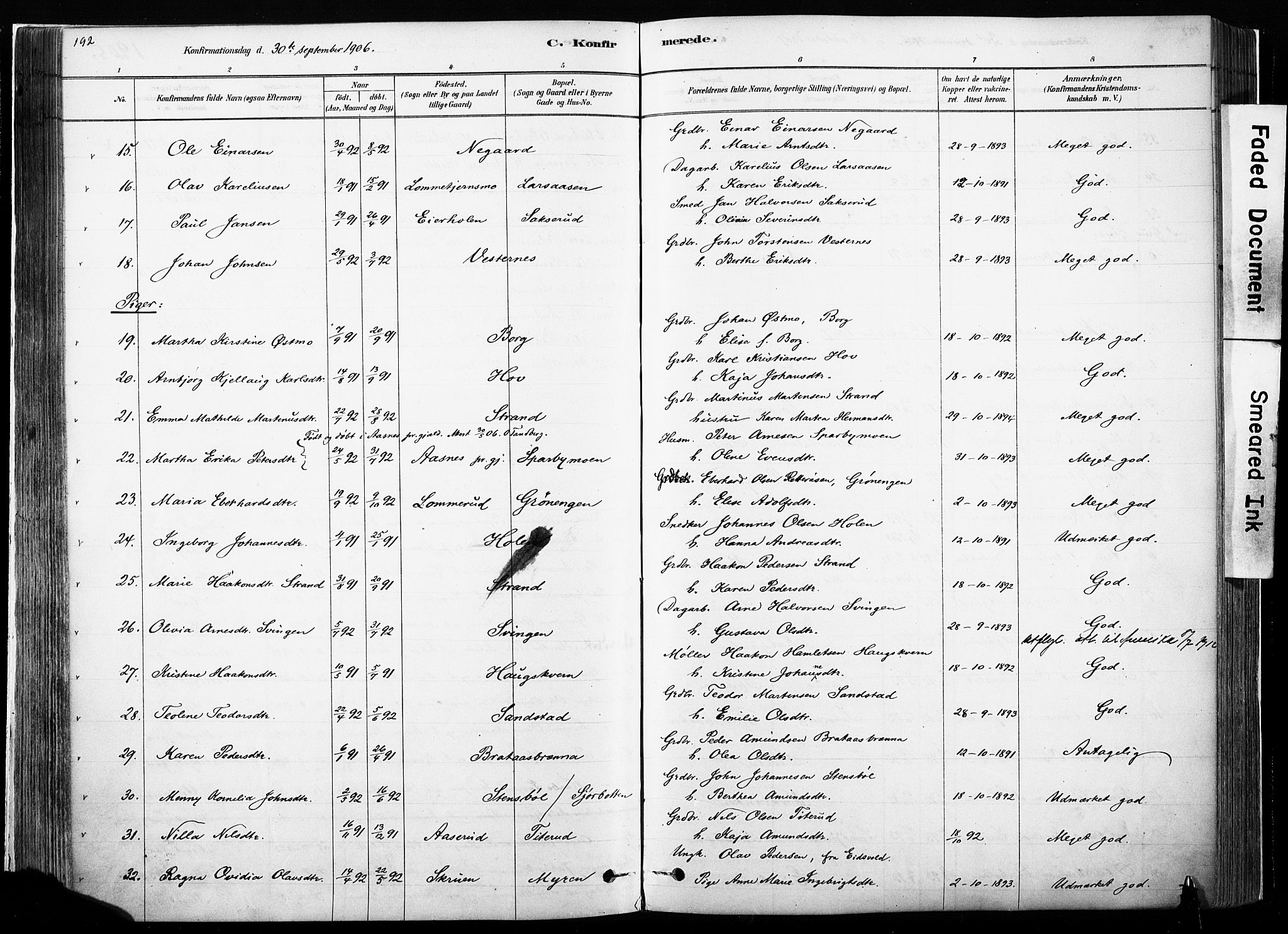 Hof prestekontor, SAH/PREST-038/H/Ha/Haa/L0010: Parish register (official) no. 10, 1878-1909, p. 192