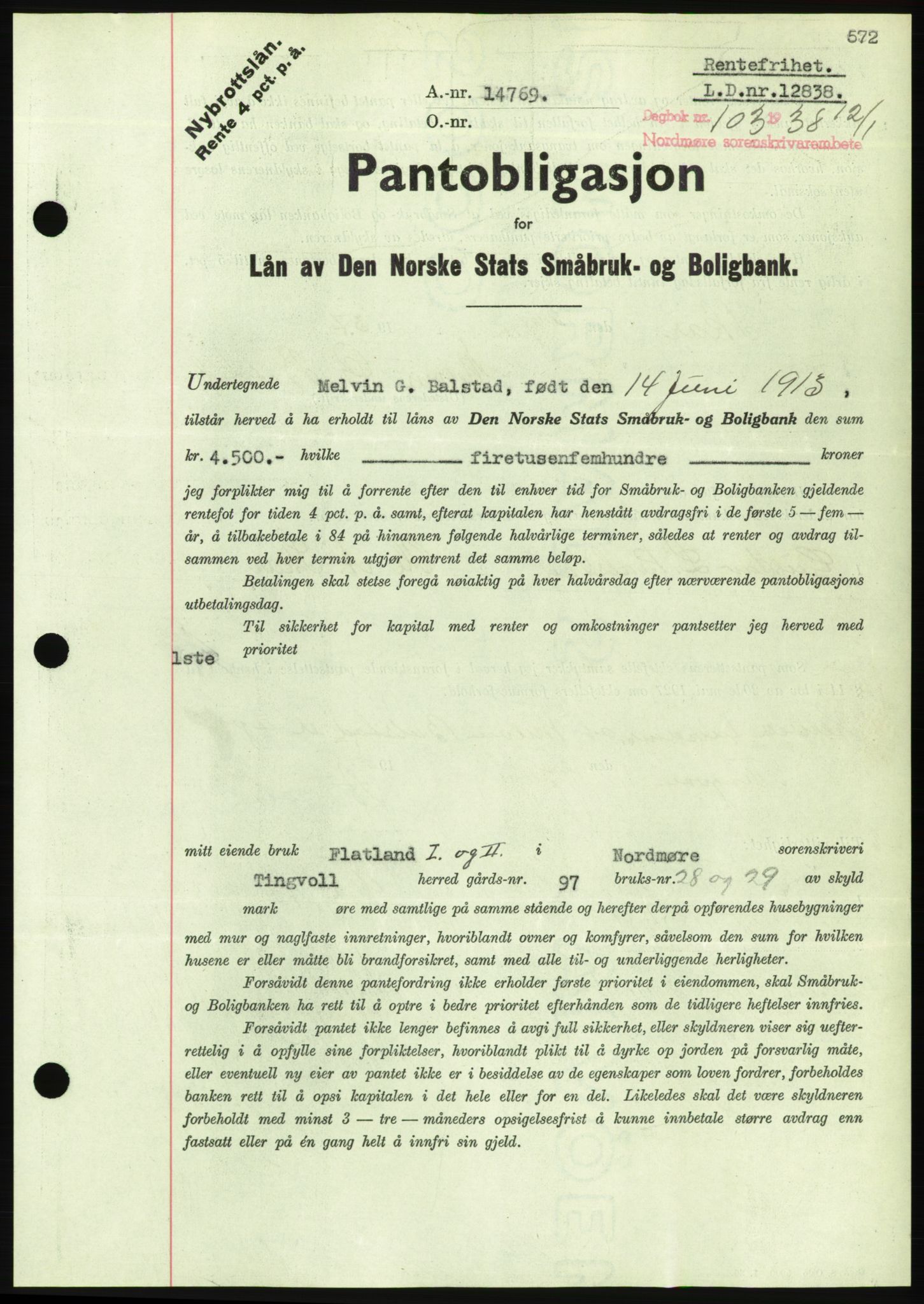 Nordmøre sorenskriveri, AV/SAT-A-4132/1/2/2Ca/L0092: Mortgage book no. B82, 1937-1938, Diary no: : 103/1938