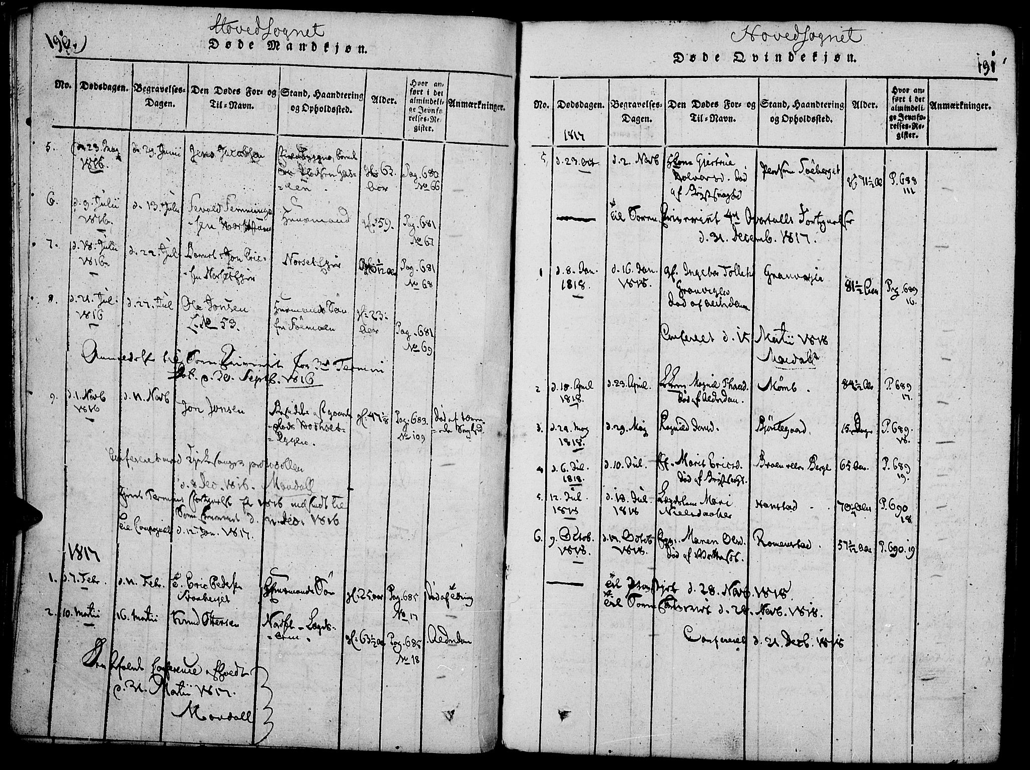 Rendalen prestekontor, SAH/PREST-054/H/Ha/Haa/L0003: Parish register (official) no. 3, 1815-1829, p. 190-191