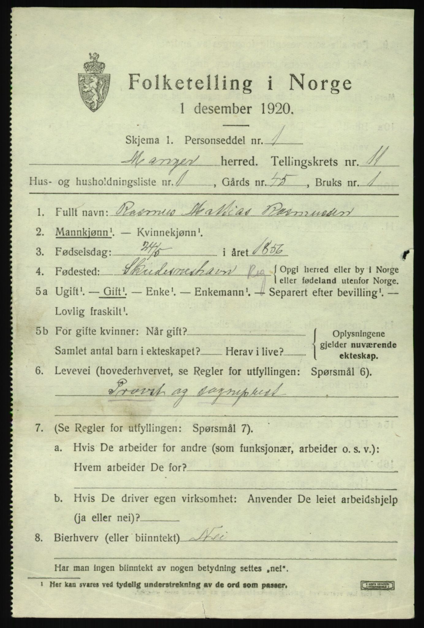 SAB, 1920 census for Manger, 1920, p. 6682