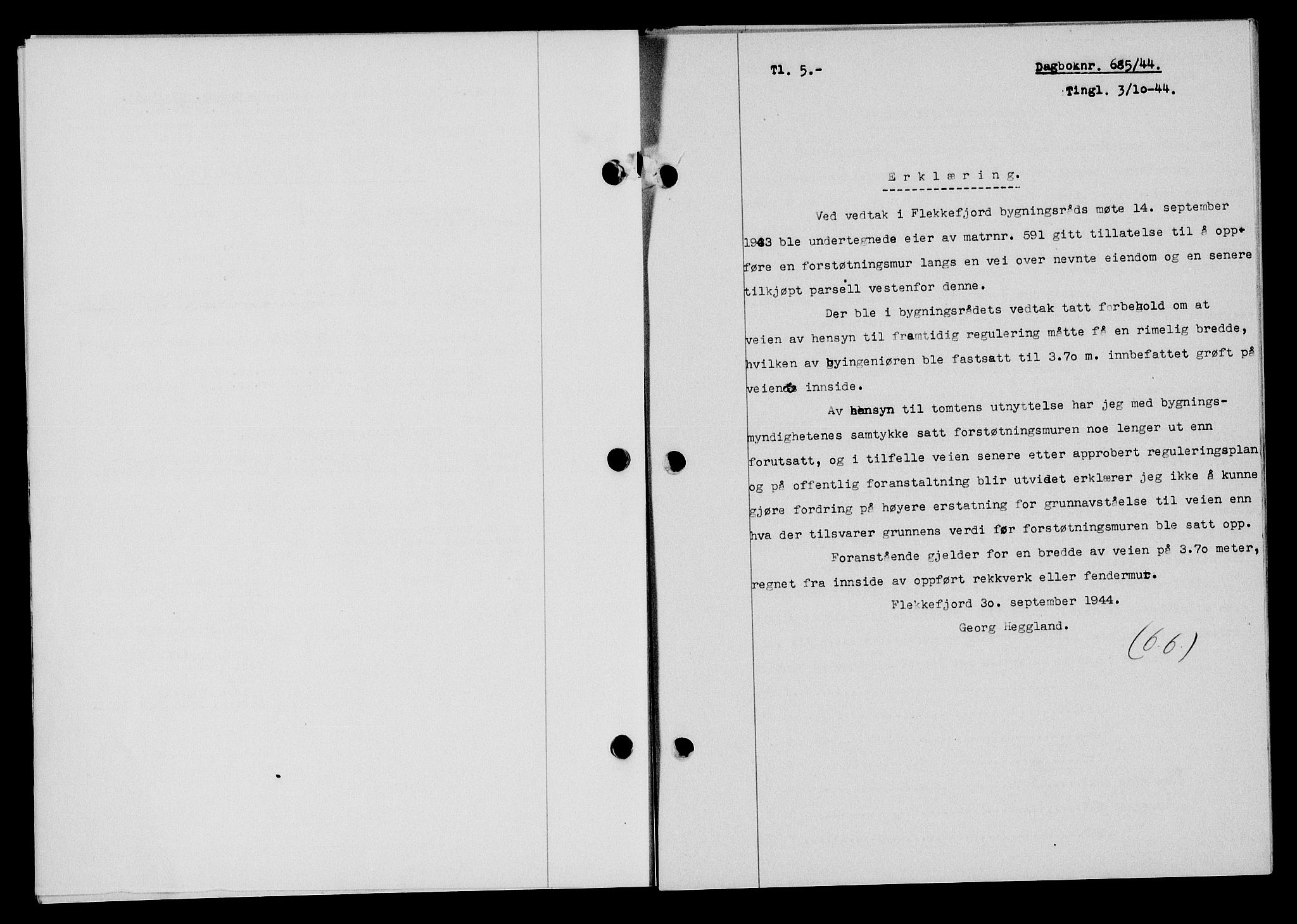 Flekkefjord sorenskriveri, SAK/1221-0001/G/Gb/Gba/L0059: Mortgage book no. A-7, 1944-1945, Diary no: : 685/1944