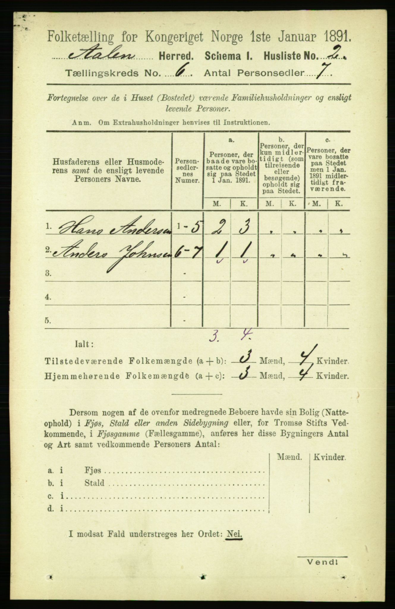 RA, 1891 census for 1644 Ålen, 1891, p. 1884