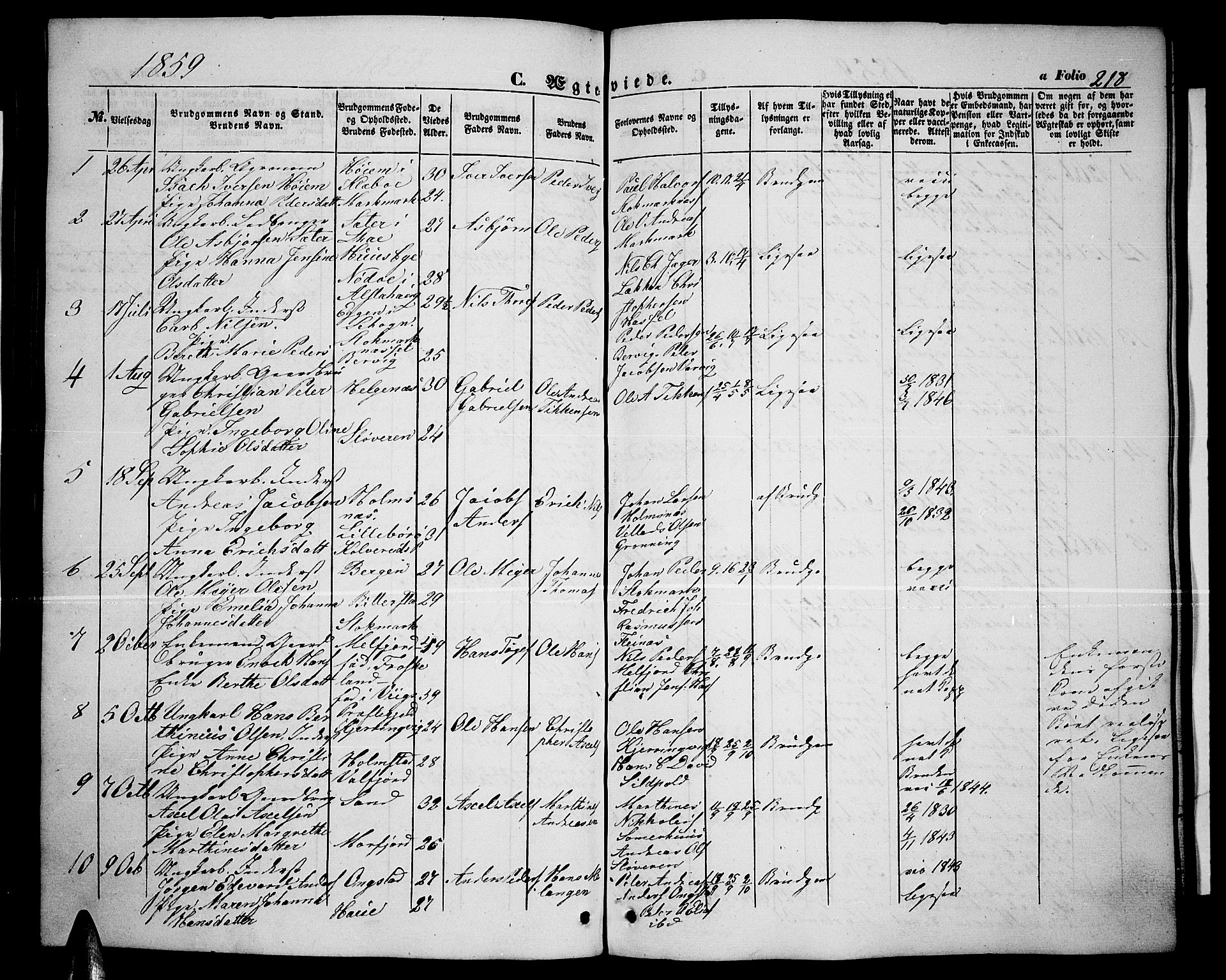 Ministerialprotokoller, klokkerbøker og fødselsregistre - Nordland, AV/SAT-A-1459/888/L1265: Parish register (copy) no. 888C03, 1850-1863, p. 218