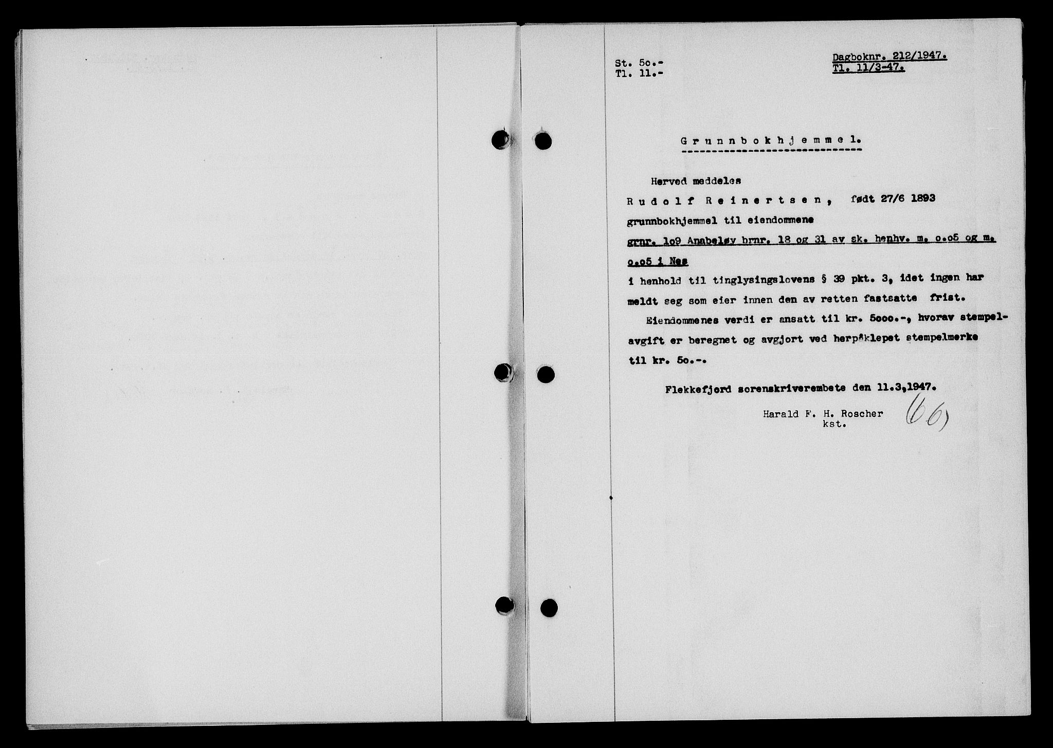 Flekkefjord sorenskriveri, SAK/1221-0001/G/Gb/Gba/L0061: Mortgage book no. A-9, 1946-1947, Diary no: : 212/1947