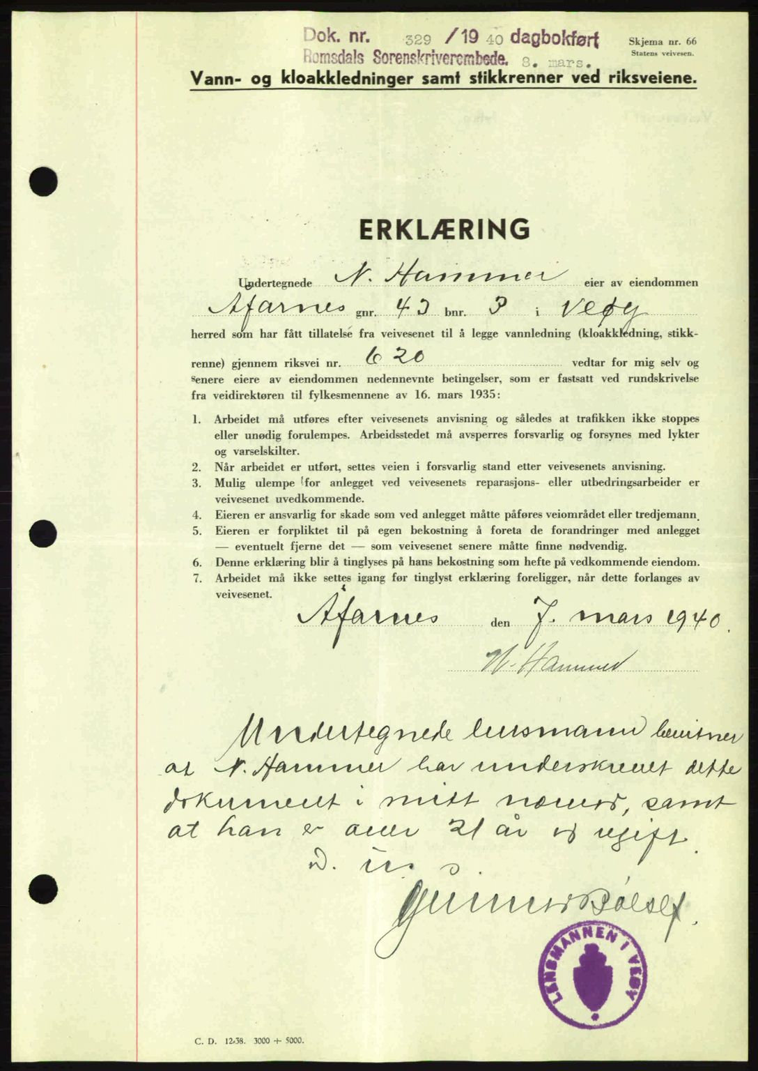 Romsdal sorenskriveri, AV/SAT-A-4149/1/2/2C: Mortgage book no. A8, 1939-1940, Diary no: : 329/1940