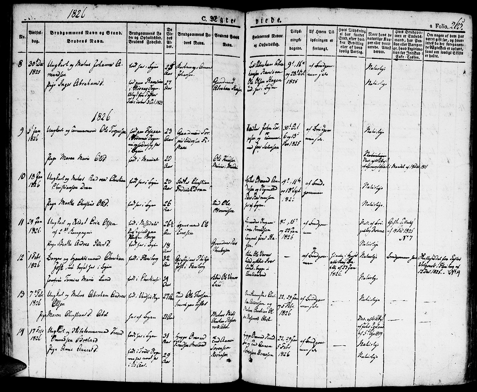 Kristiansand domprosti, SAK/1112-0006/F/Fa/L0009: Parish register (official) no. A 9, 1821-1827, p. 265