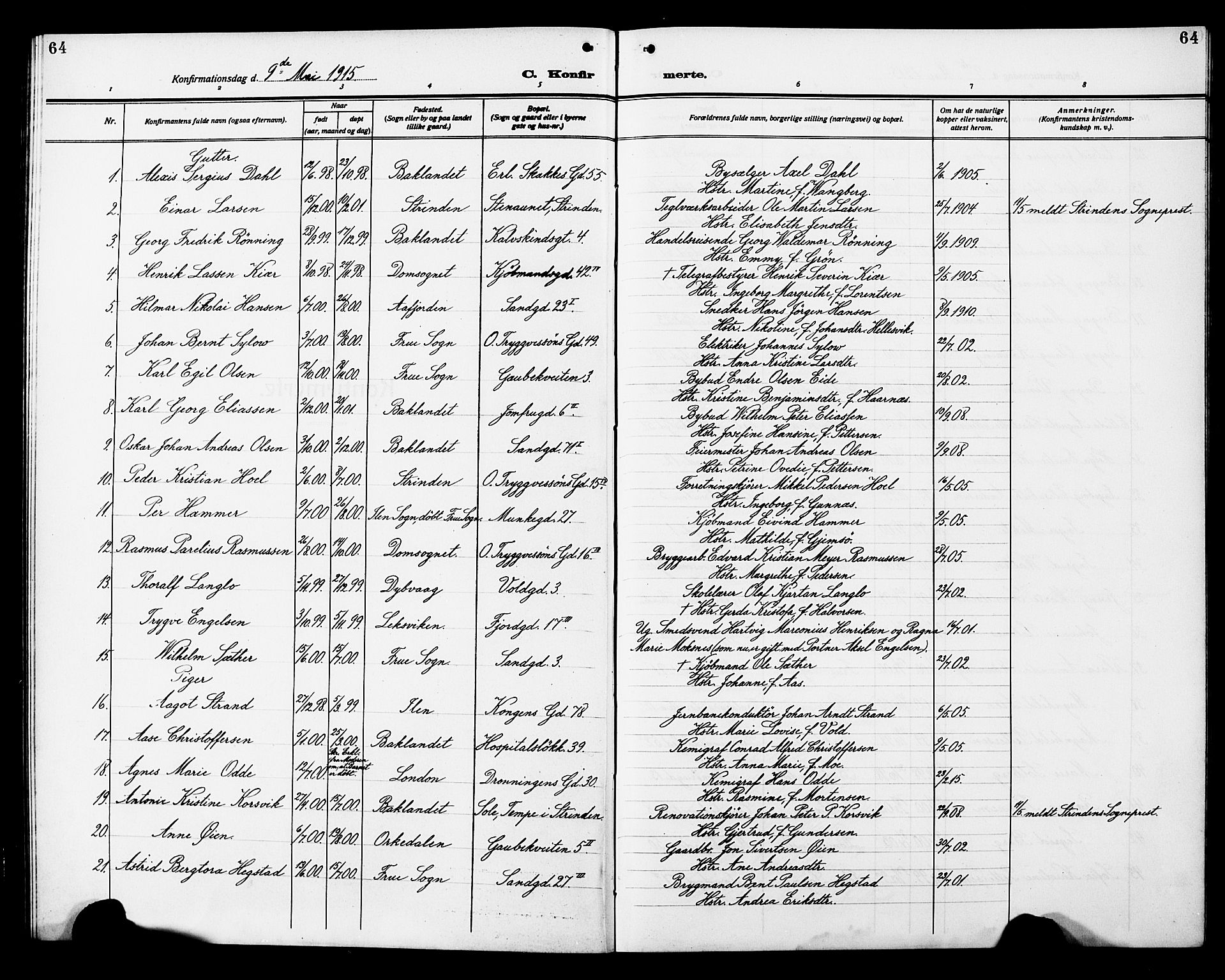 Ministerialprotokoller, klokkerbøker og fødselsregistre - Sør-Trøndelag, SAT/A-1456/602/L0147: Parish register (copy) no. 602C15, 1911-1924, p. 64