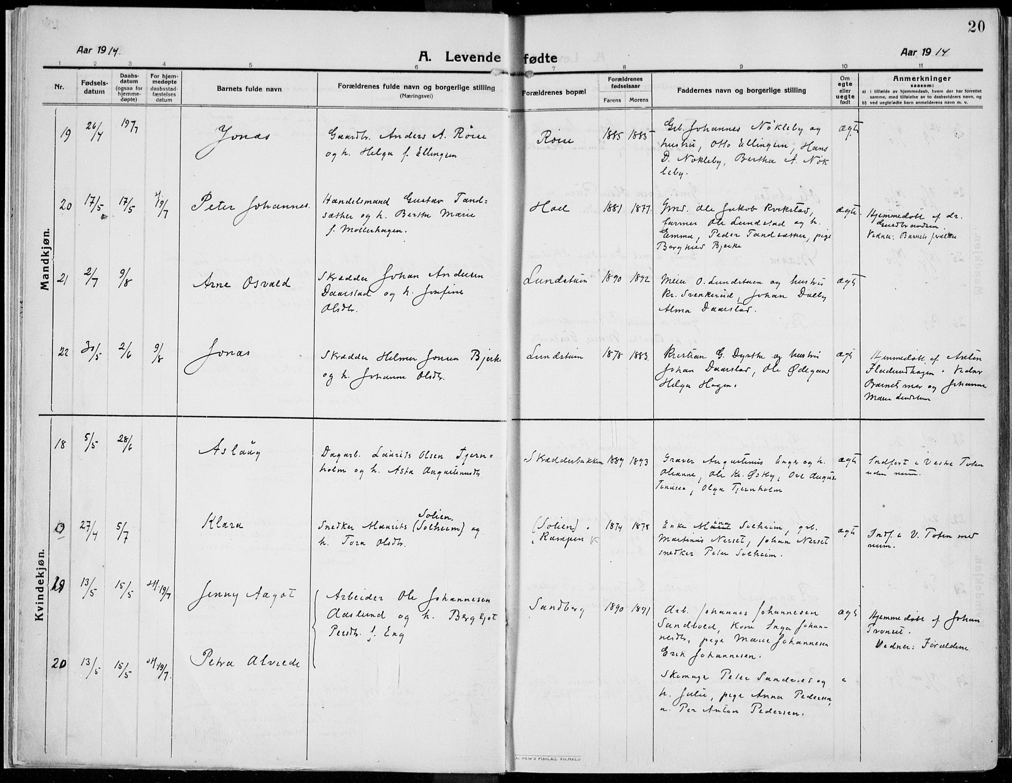 Kolbu prestekontor, AV/SAH-PREST-110/H/Ha/Haa/L0002: Parish register (official) no. 2, 1912-1926, p. 20