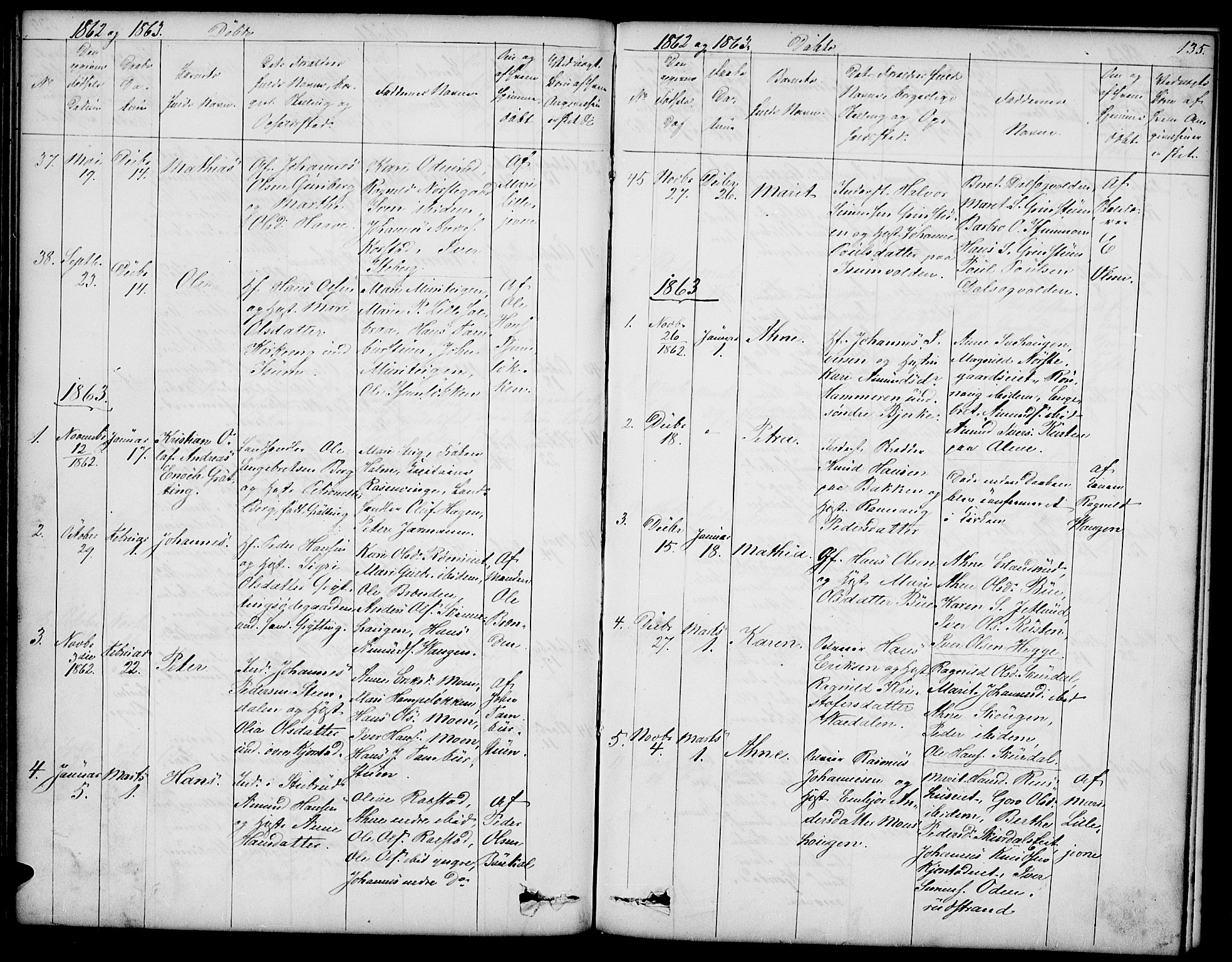 Sør-Fron prestekontor, SAH/PREST-010/H/Ha/Hab/L0001: Parish register (copy) no. 1, 1844-1863, p. 135
