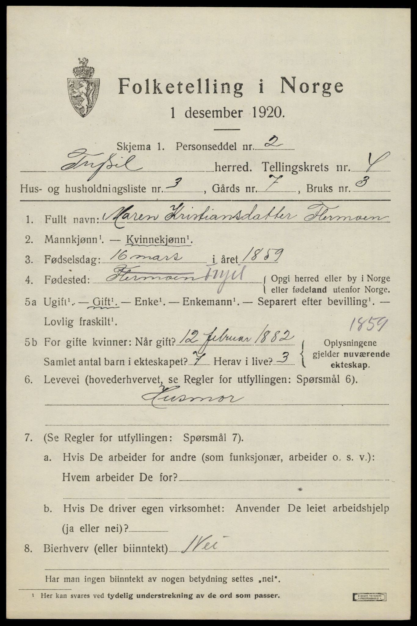 SAH, 1920 census for Trysil, 1920, p. 4105