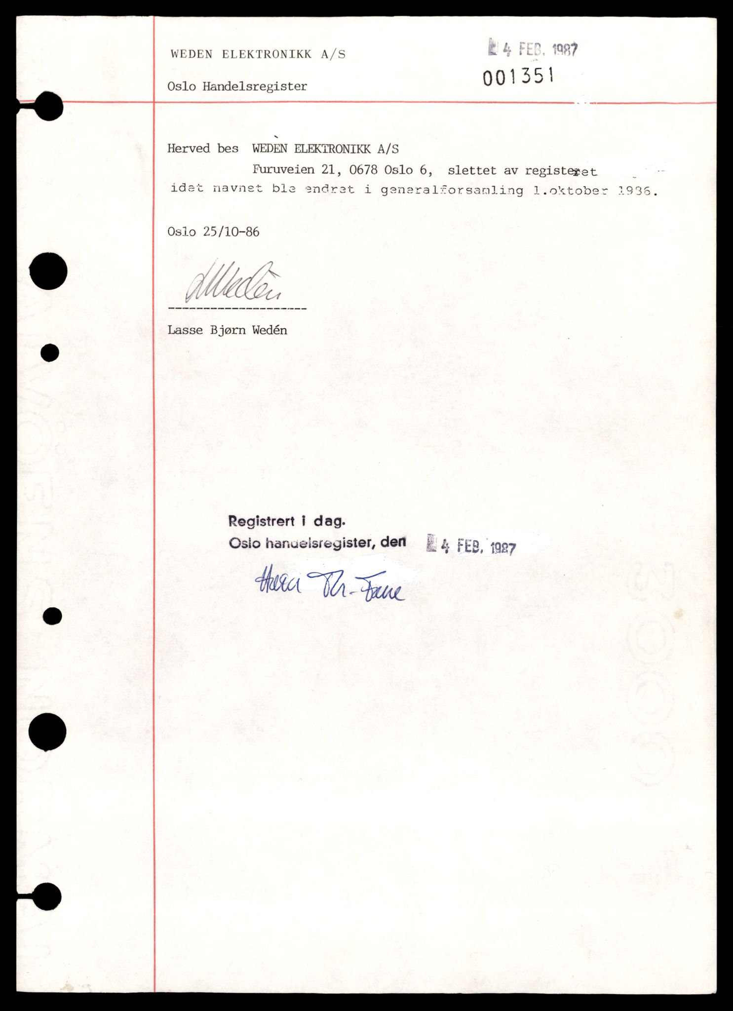 Oslo byfogd, Handelsregisteret, AV/SAT-A-10867/G/Gb/Gbb/L0103: Registreringsmeldinger, Ve-Ø, 1987, p. 1