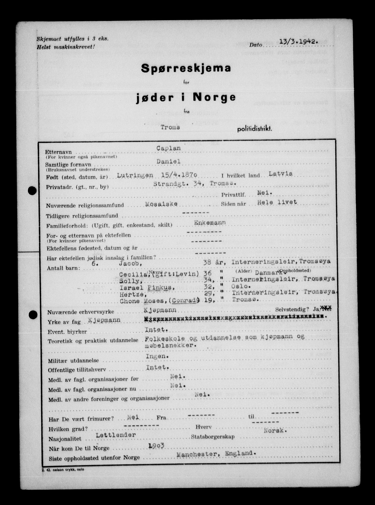 Statspolitiet - Hovedkontoret / Osloavdelingen, AV/RA-S-1329/G/Ga/L0013: Spørreskjema for jøder i Norge. 1: Sandefjord-Trondheim. 2: Tønsberg- Ålesund.  3: Skriv vedr. jøder A-H.  , 1942-1943, p. 115