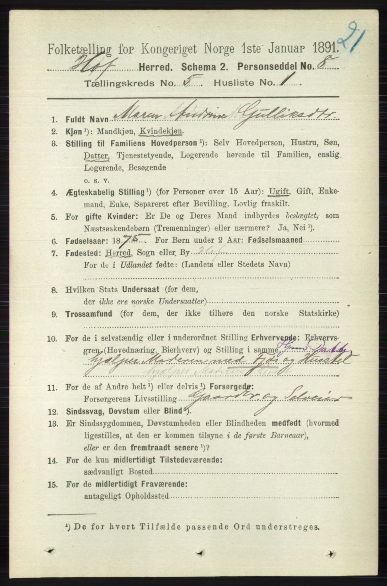 RA, 1891 census for 0714 Hof, 1891, p. 1500