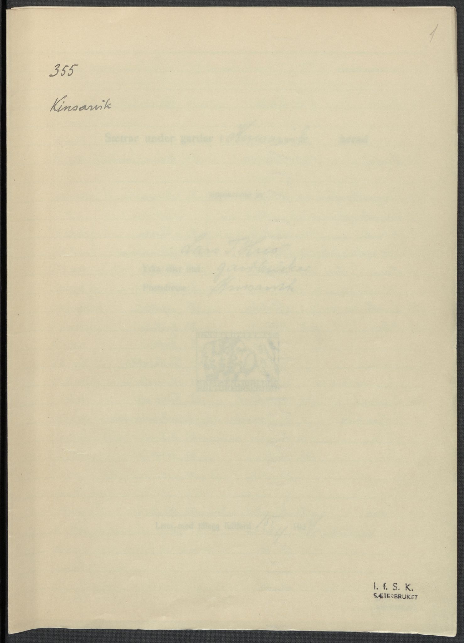 Instituttet for sammenlignende kulturforskning, AV/RA-PA-0424/F/Fc/L0010/0003: Eske B10: / Hordaland (perm XXVII), 1933-1936, p. 1