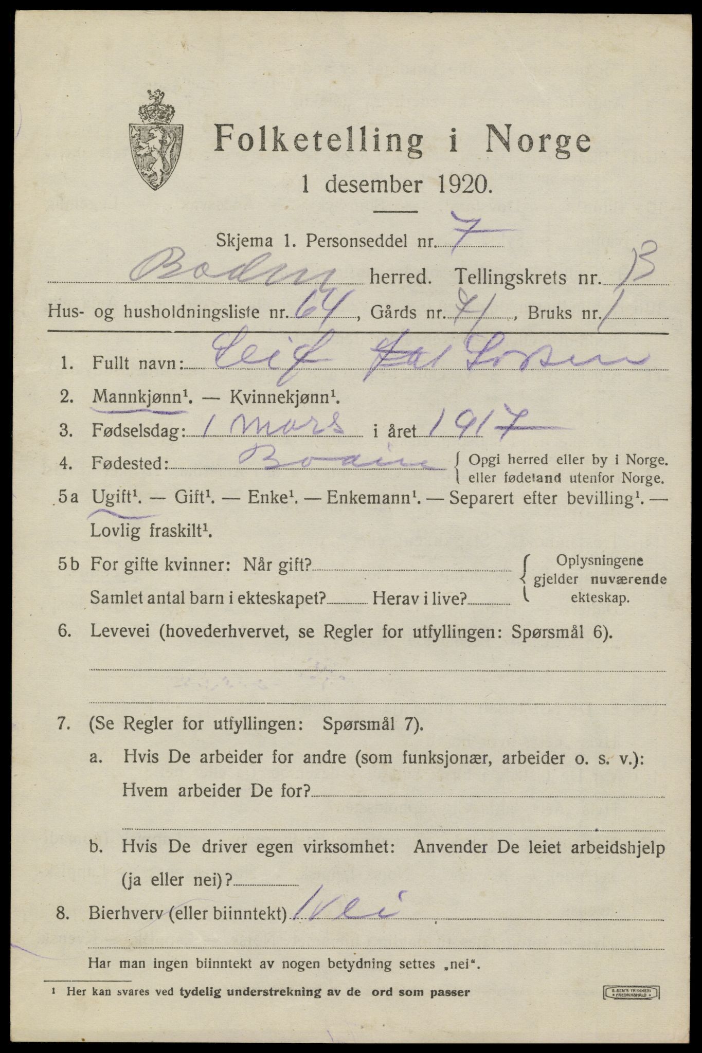 SAT, 1920 census for Bodin, 1920, p. 10120