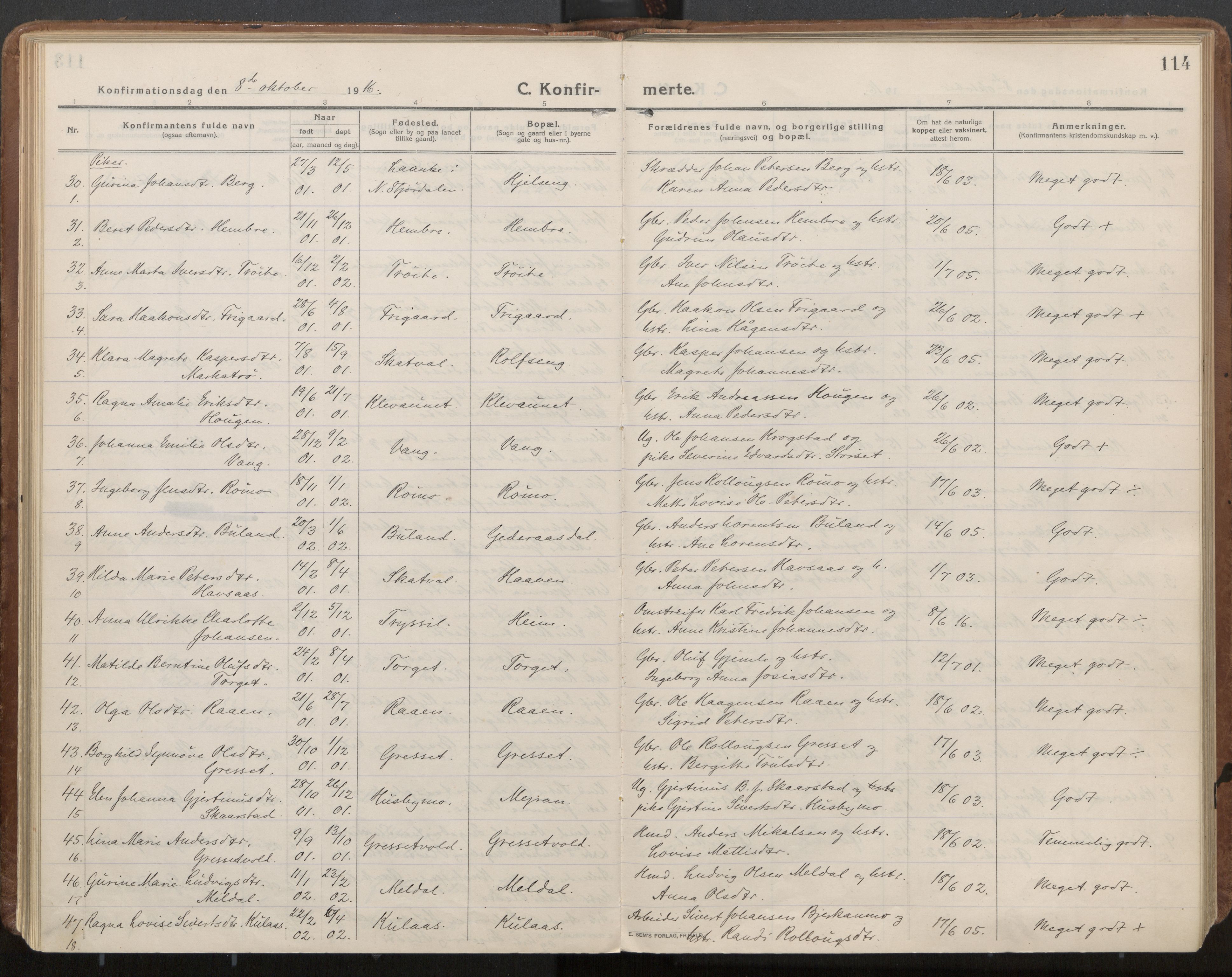 Ministerialprotokoller, klokkerbøker og fødselsregistre - Nord-Trøndelag, SAT/A-1458/703/L0037: Parish register (official) no. 703A10, 1915-1932, p. 114