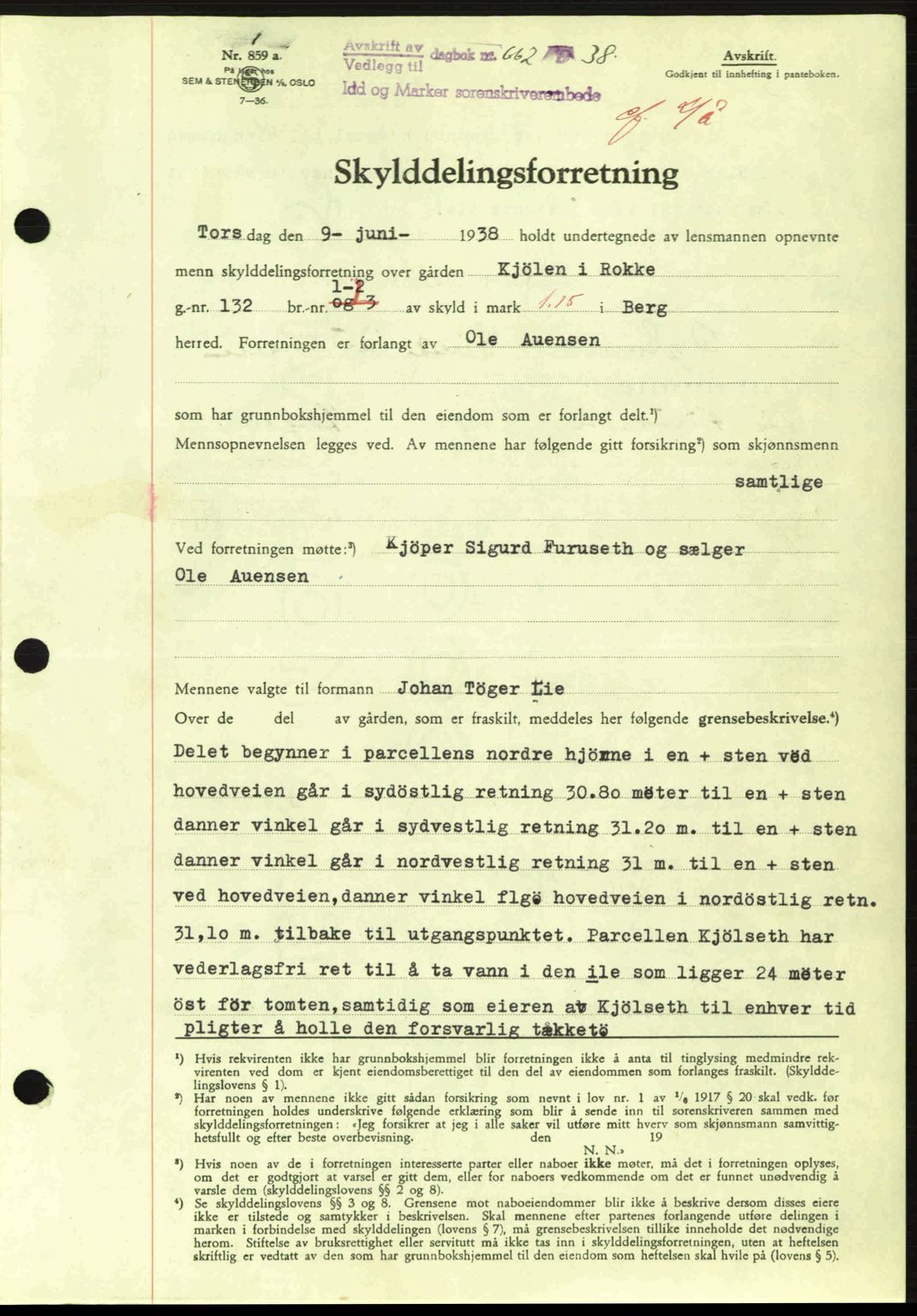 Idd og Marker sorenskriveri, AV/SAO-A-10283/G/Gb/Gbb/L0002: Mortgage book no. A2, 1937-1938, Diary no: : 662/1938