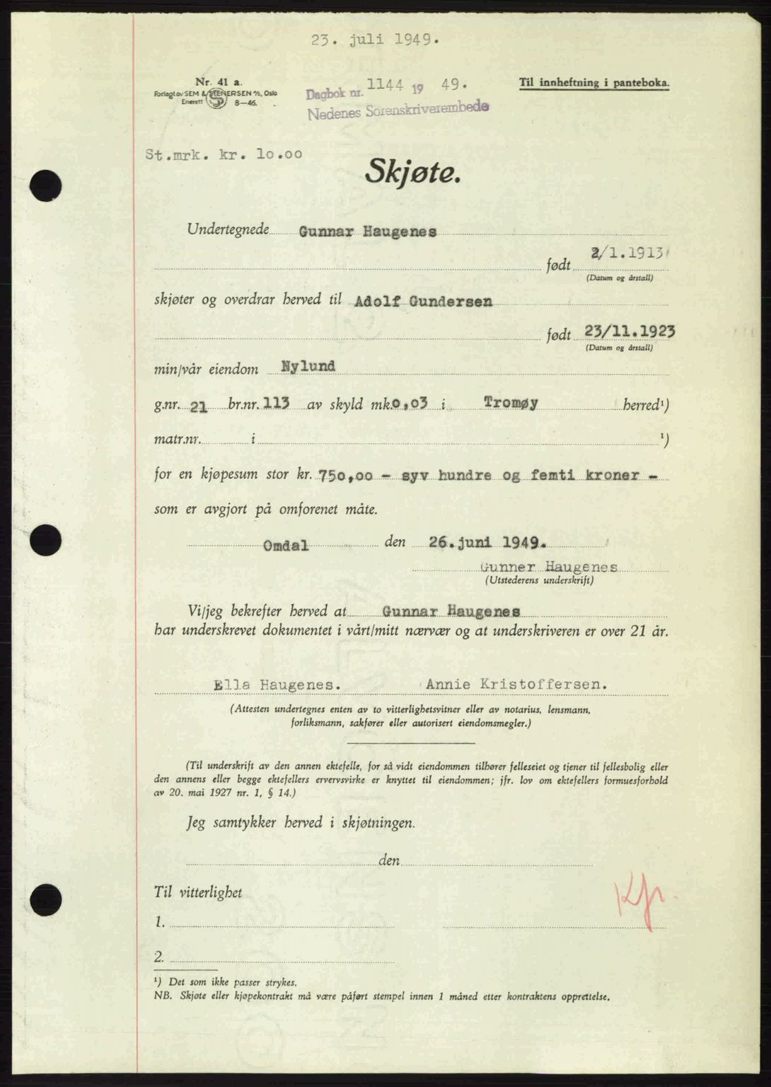 Nedenes sorenskriveri, AV/SAK-1221-0006/G/Gb/Gba/L0061: Mortgage book no. A13, 1949-1949, Diary no: : 1144/1949