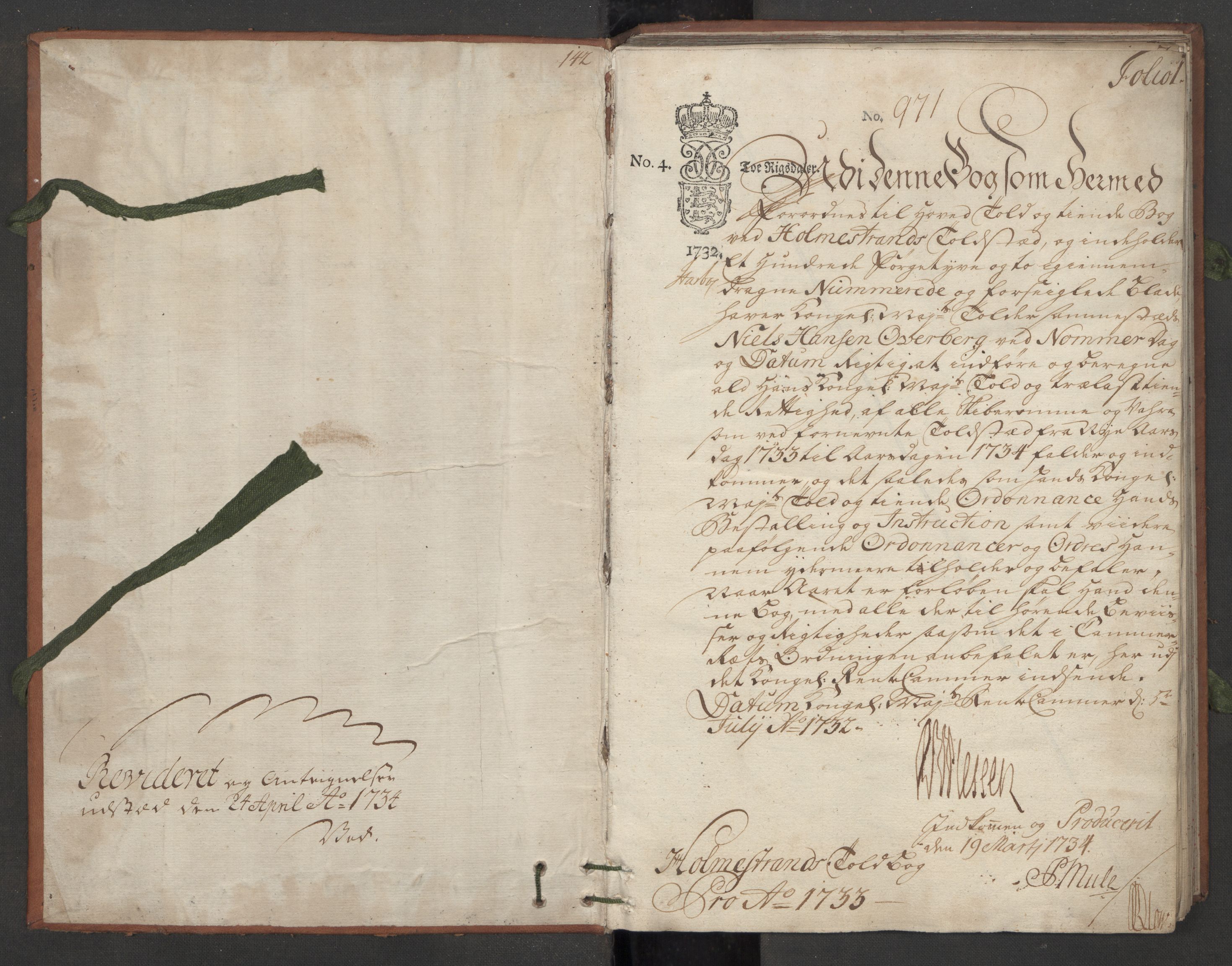 Generaltollkammeret, tollregnskaper, AV/RA-EA-5490/R09/L0008/0001: Tollregnskaper Holmestrand / Hovedtollbok, 1733, p. 1a