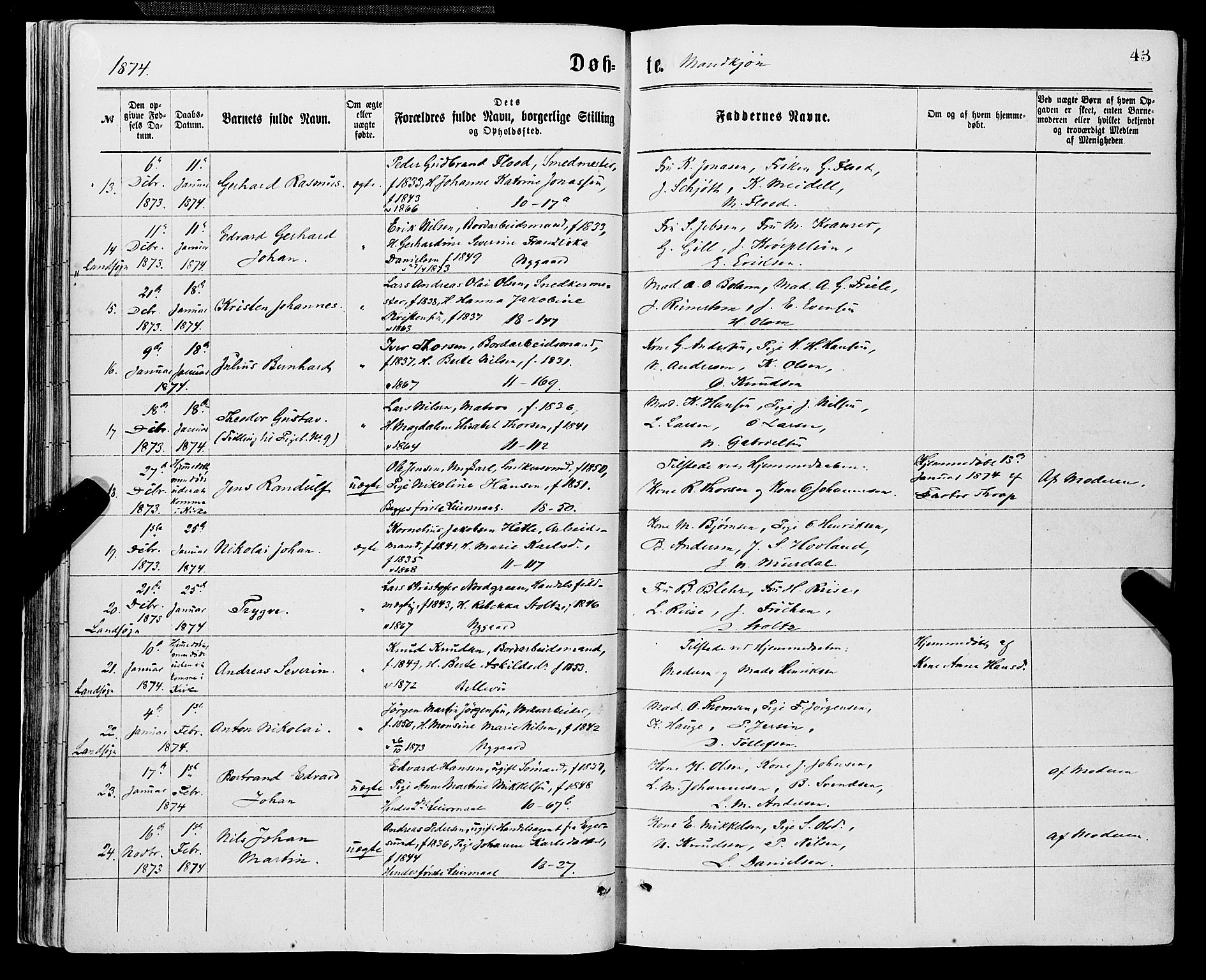 Domkirken sokneprestembete, SAB/A-74801/H/Haa/L0022: Parish register (official) no. B 5, 1872-1878, p. 43